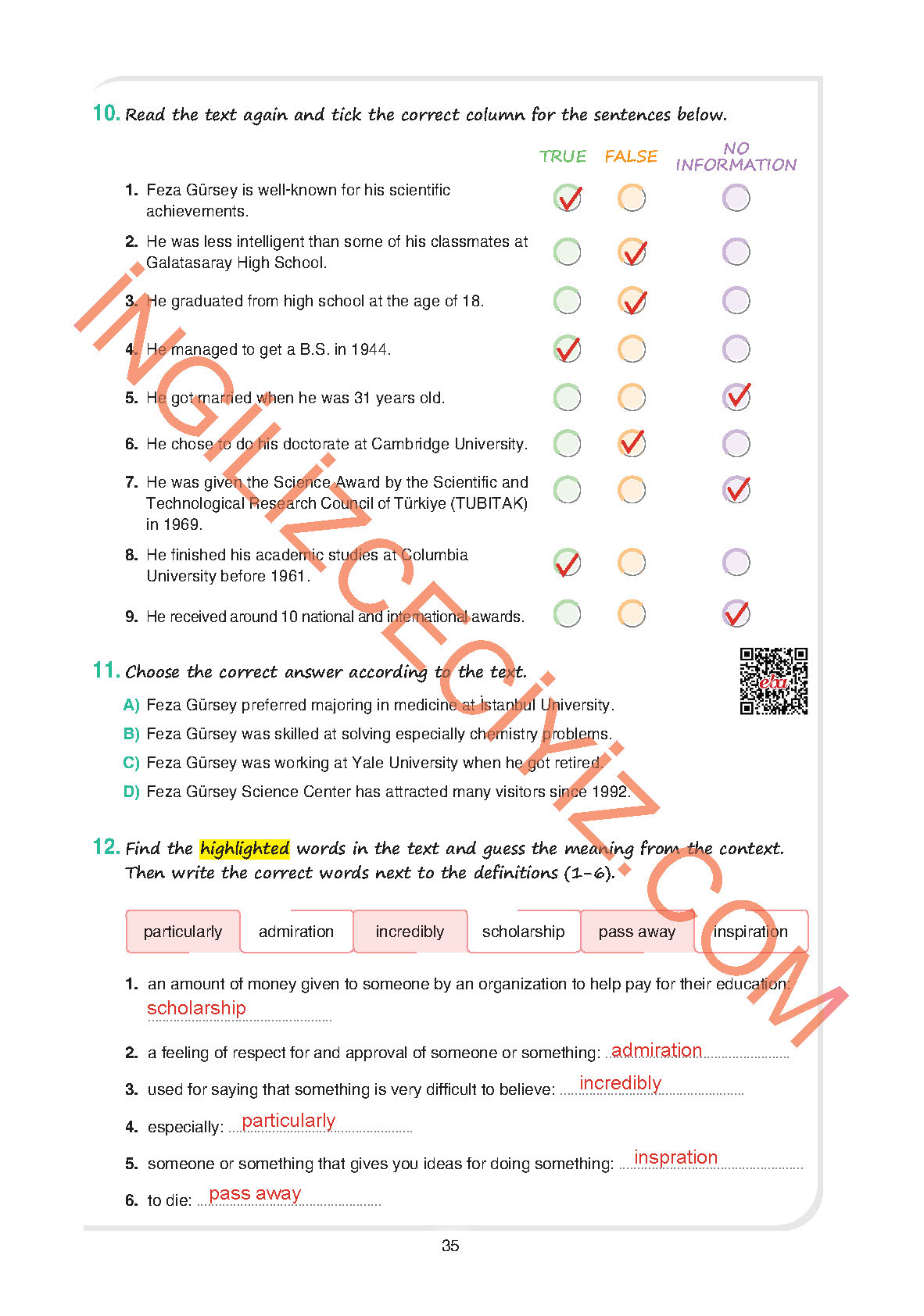 11. Sınıf Yıldırım Yayınları İngilizce Ders Kitabı Sayfa 35 Cevapları