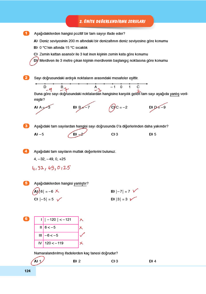 6. Sınıf Doğa Yayınları Matematik Ders Kitabı Sayfa 124 Cevapları