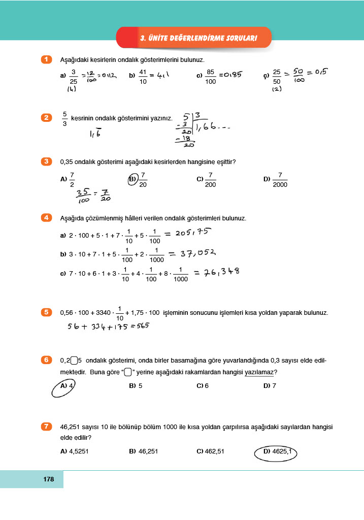 6. Sınıf Doğa Yayınları Matematik Ders Kitabı Sayfa 178 Cevapları