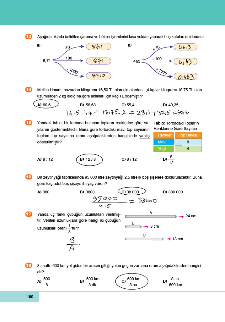 6. Sınıf Doğa Yayınları Matematik Ders Kitabı Sayfa 180 Cevapları