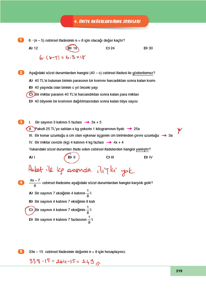 6. Sınıf Doğa Yayınları Matematik Ders Kitabı Sayfa 219 Cevapları