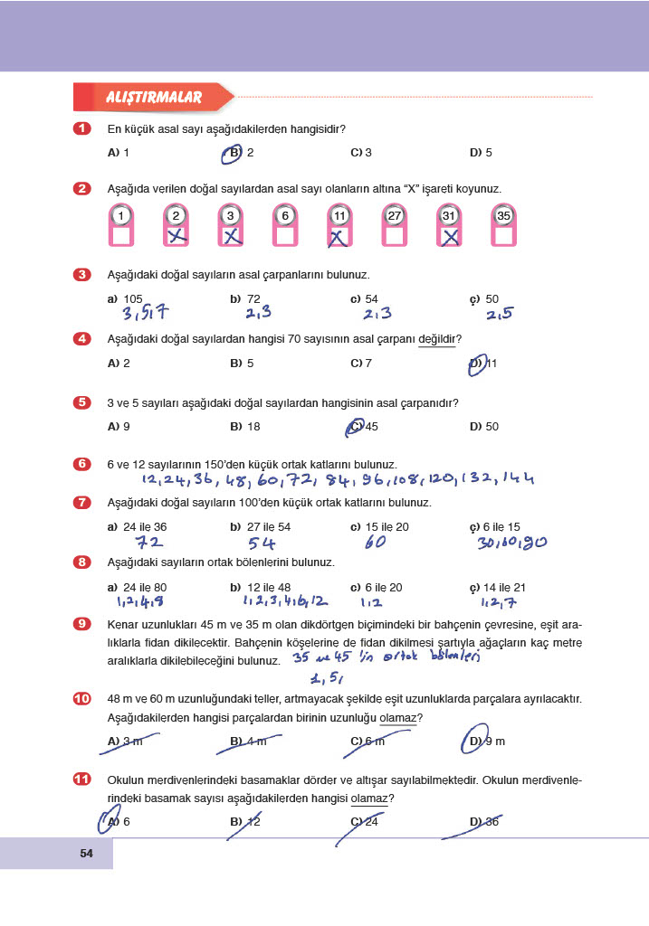 6. Sınıf Doğa Yayınları Matematik Ders Kitabı Sayfa 54 Cevapları