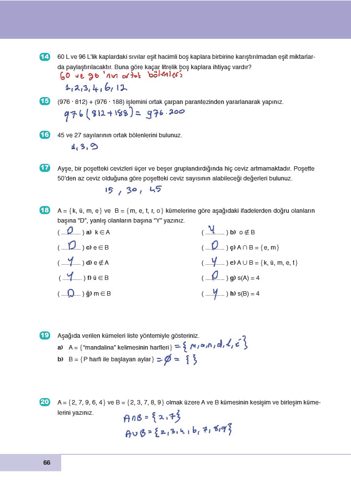 6. Sınıf Doğa Yayınları Matematik Ders Kitabı Sayfa 66 Cevapları