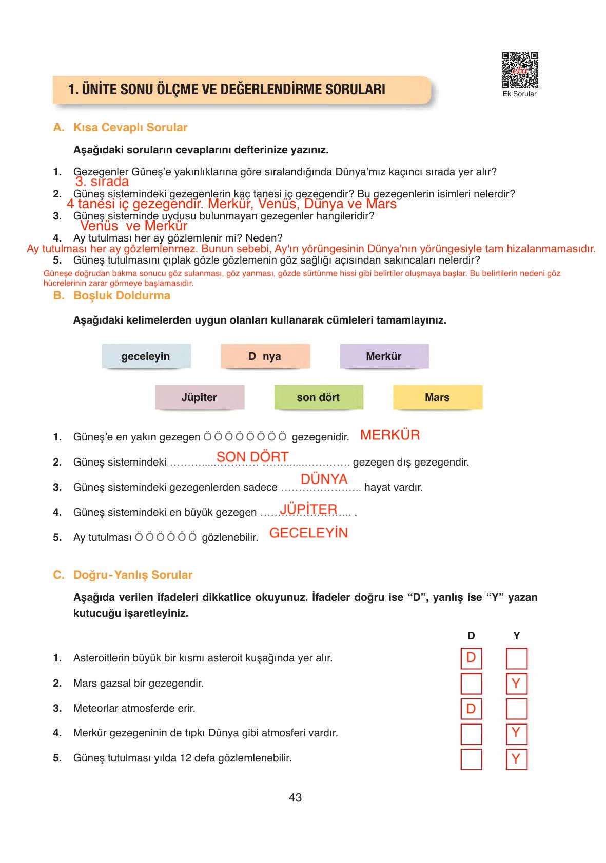 6. Sınıf Gün Yayınları Fen Bilimleri Ders Kitabı Sayfa 43 Cevapları