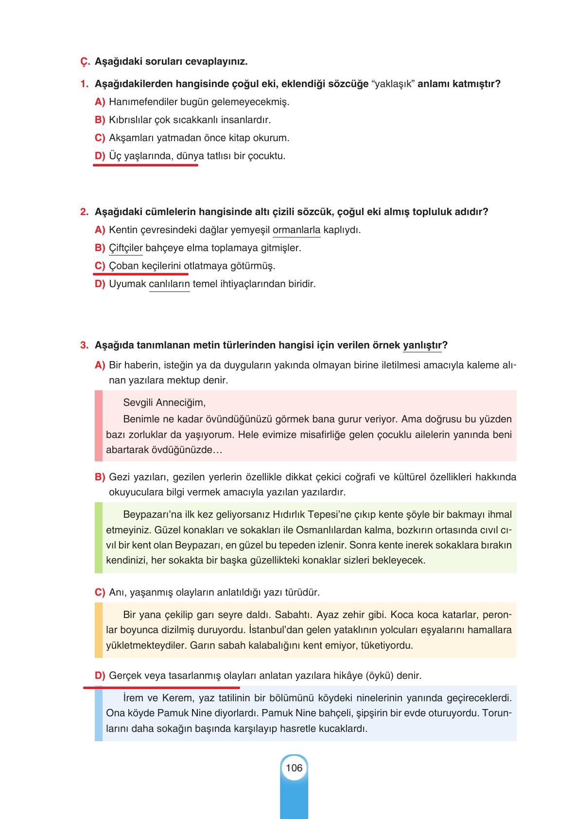 6. Sınıf Yıldırım Yayınları Türkçe Ders Kitabı Sayfa 106 Cevapları