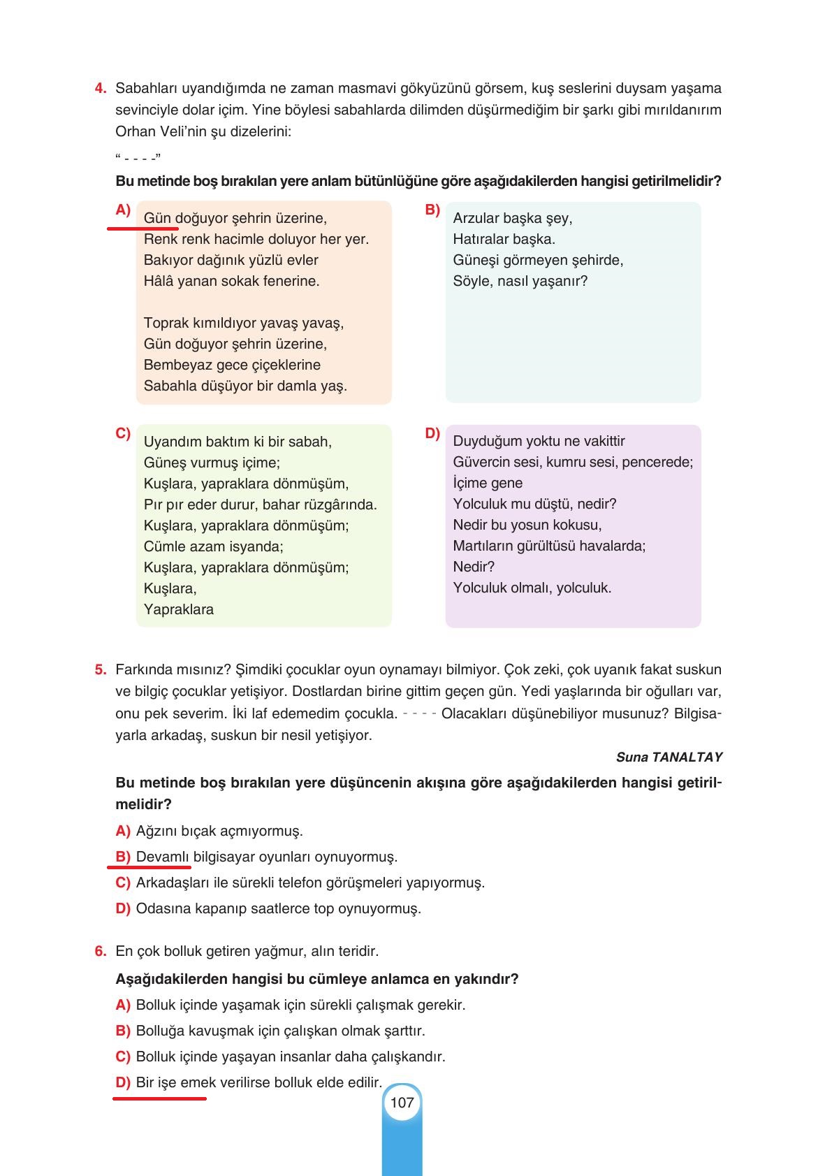 6. Sınıf Yıldırım Yayınları Türkçe Ders Kitabı Sayfa 107 Cevapları
