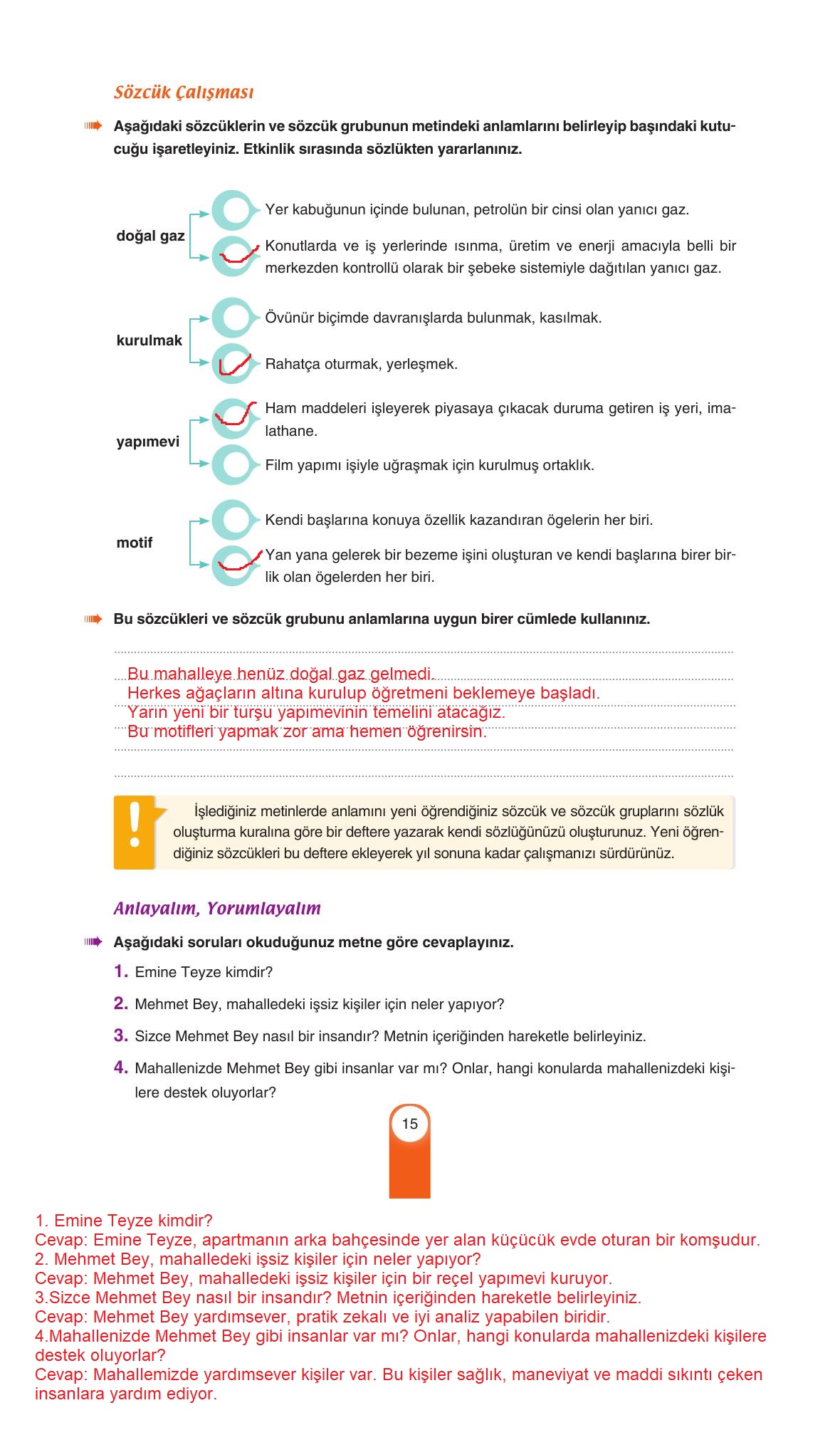 6. Sınıf Yıldırım Yayınları Türkçe Ders Kitabı Sayfa 15 Cevapları