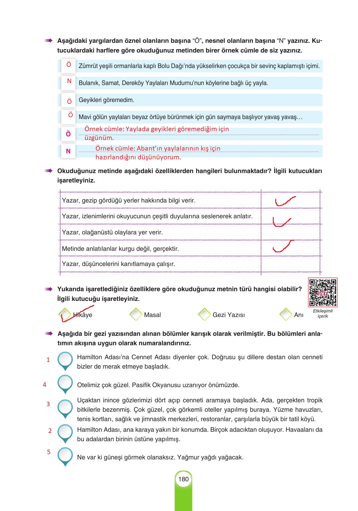 6. Sınıf Yıldırım Yayınları Türkçe Ders Kitabı Sayfa 180 Cevapları