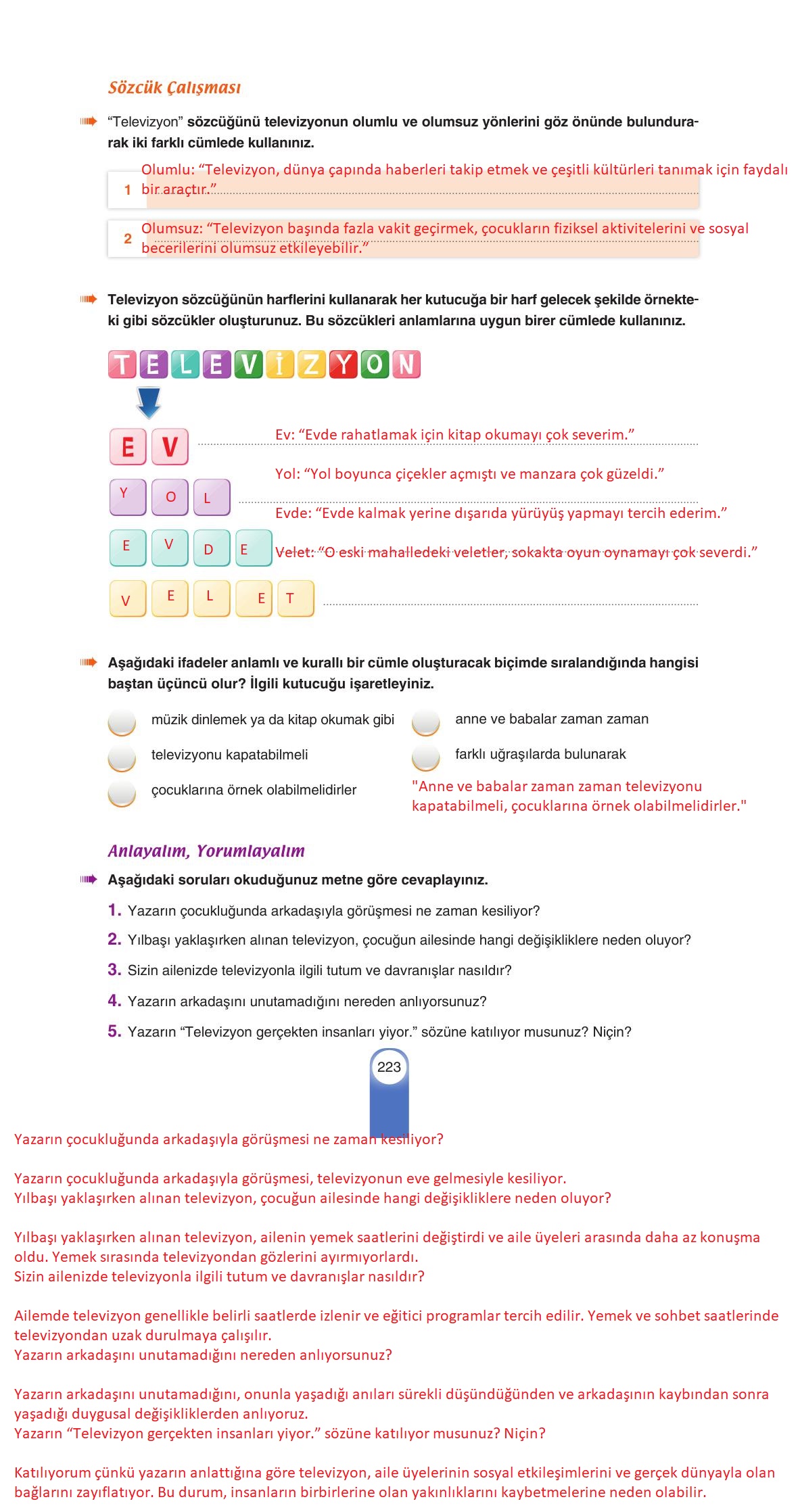 6. Sınıf Yıldırım Yayınları Türkçe Ders Kitabı Sayfa 223 Cevapları