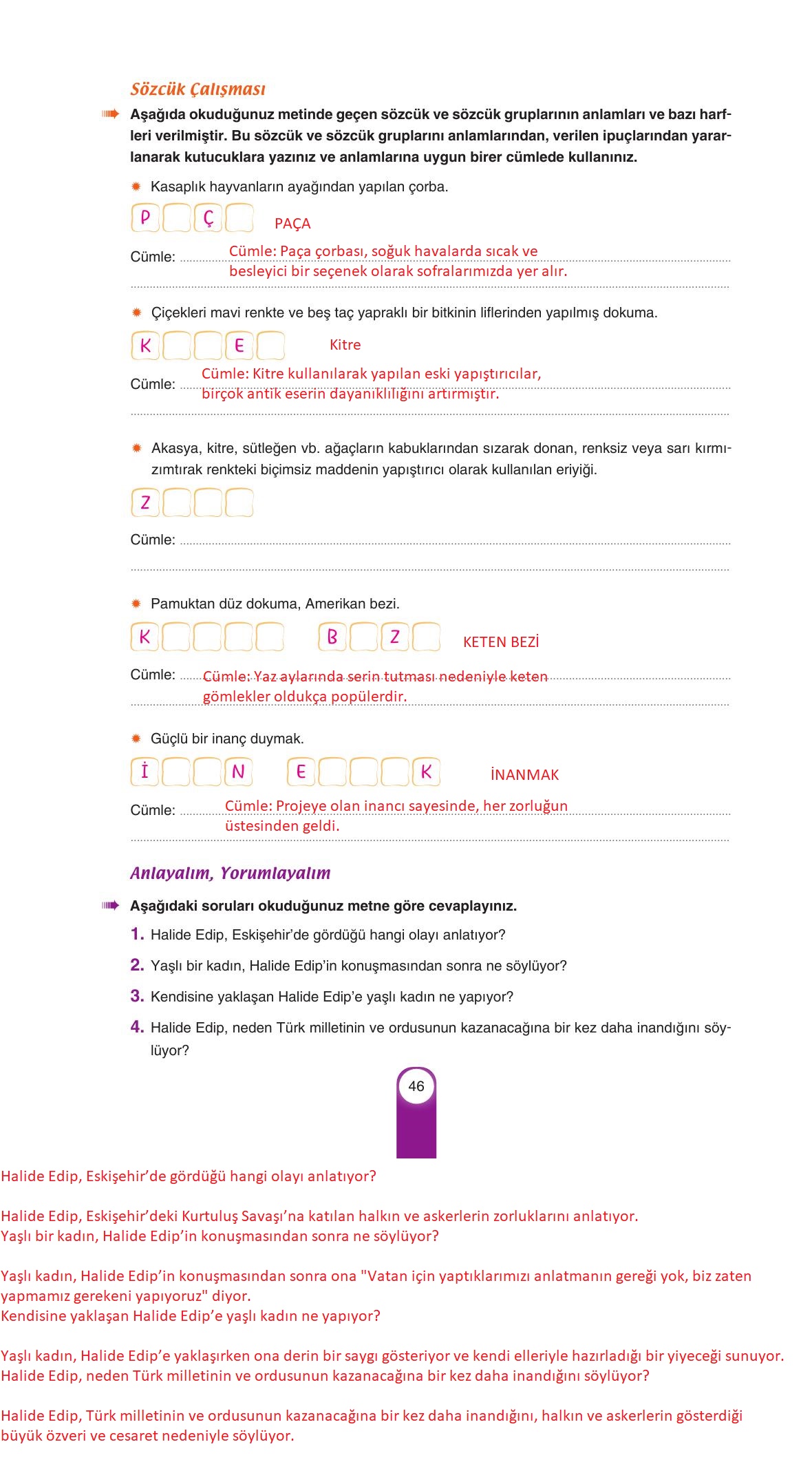 6. Sınıf Yıldırım Yayınları Türkçe Ders Kitabı Sayfa 46 Cevapları