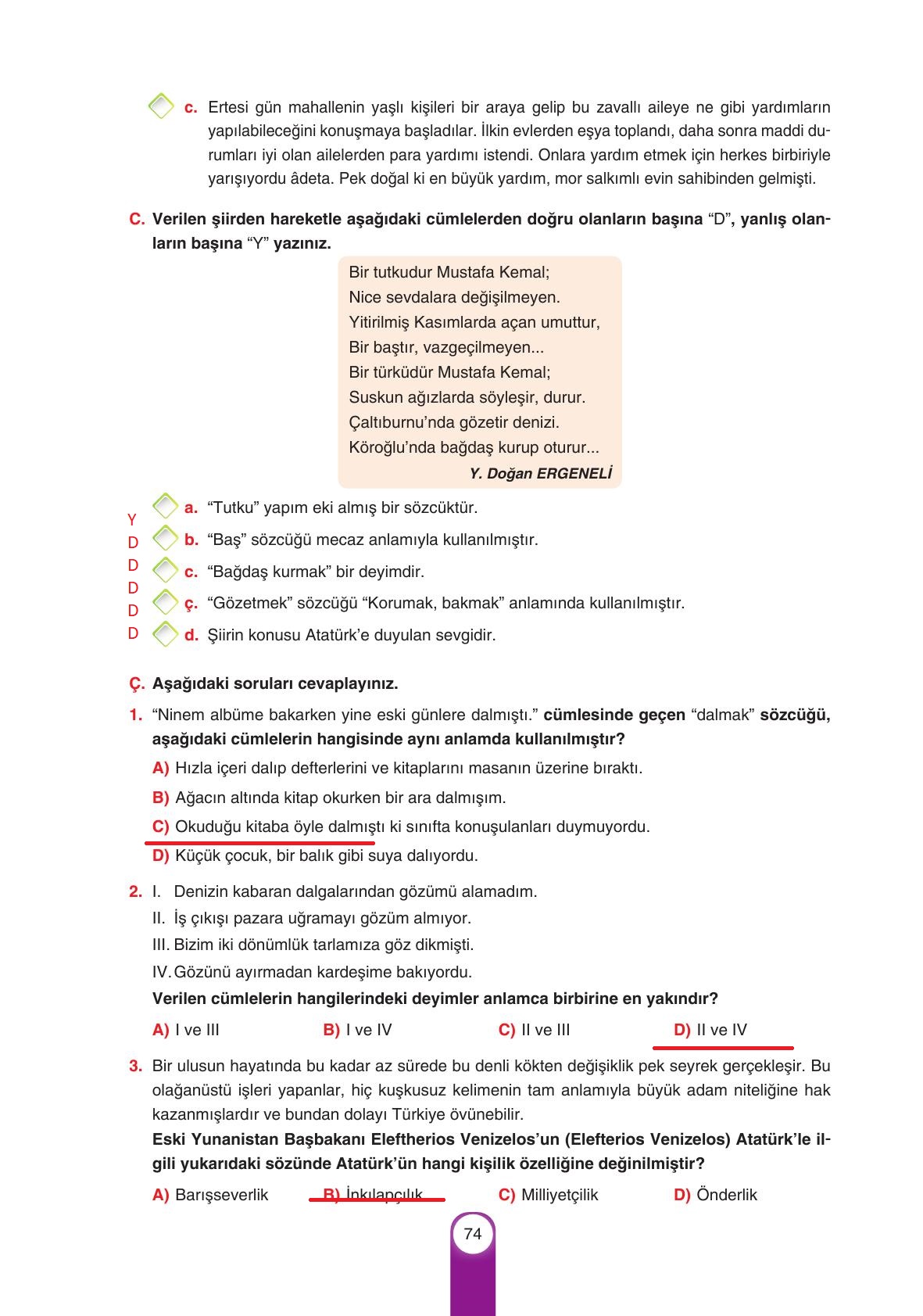 6. Sınıf Yıldırım Yayınları Türkçe Ders Kitabı Sayfa 74 Cevapları