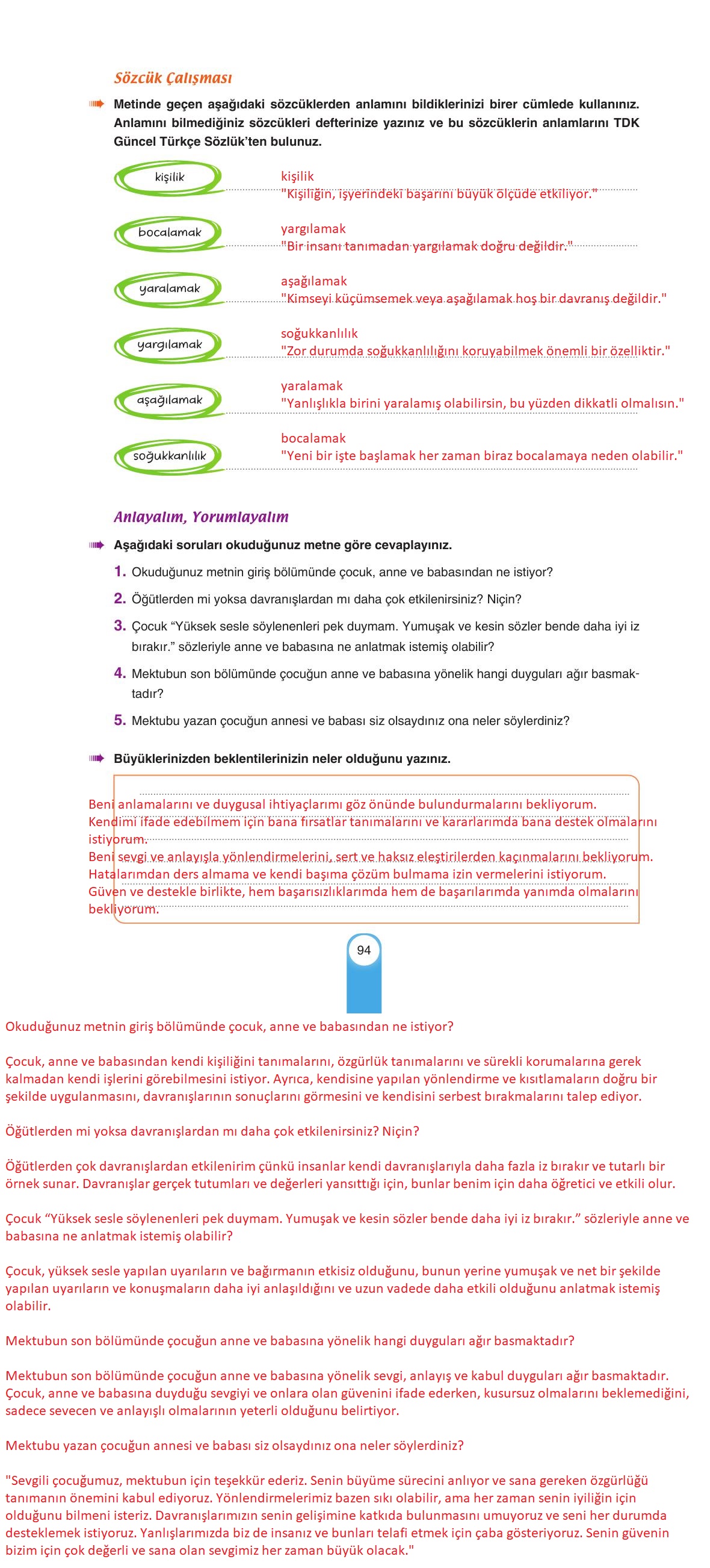 6. Sınıf Yıldırım Yayınları Türkçe Ders Kitabı Sayfa 94 Cevapları