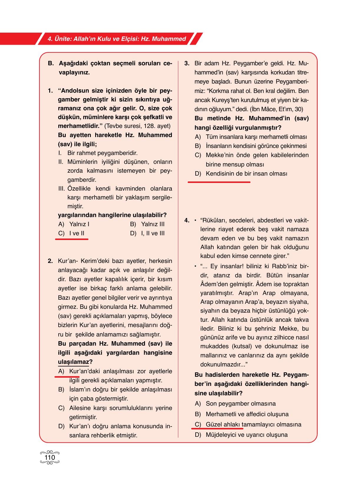 7. Sınıf Erkad Yayınları Din Kültürü Ders Kitabı Sayfa 110 Cevapları