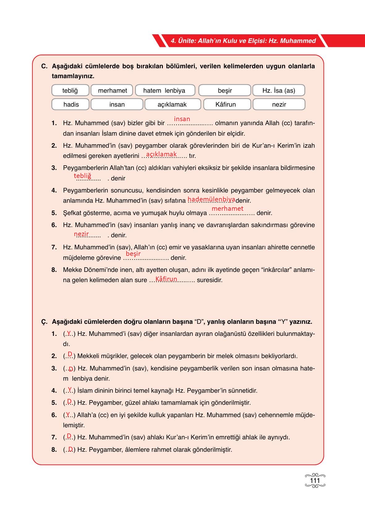 7. Sınıf Erkad Yayınları Din Kültürü Ders Kitabı Sayfa 111 Cevapları