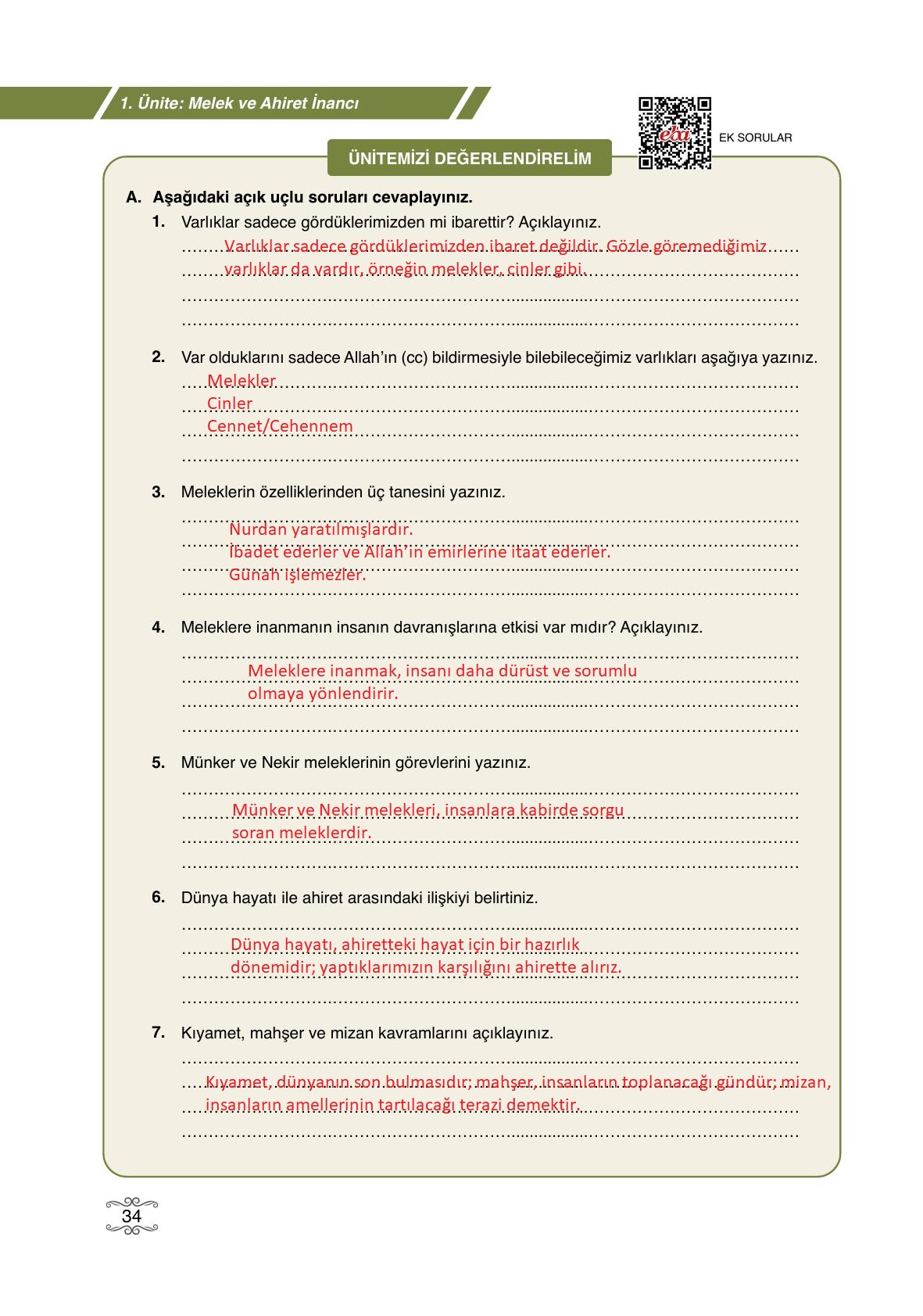 7. Sınıf Erkad Yayınları Din Kültürü Ders Kitabı Sayfa 34 Cevapları