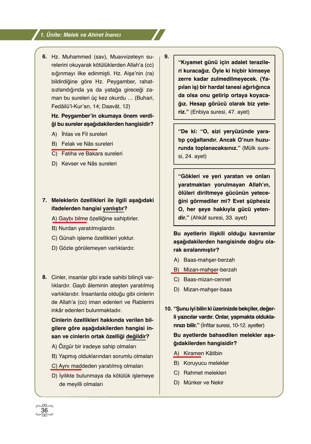 7. Sınıf Erkad Yayınları Din Kültürü Ders Kitabı Sayfa 36 Cevapları