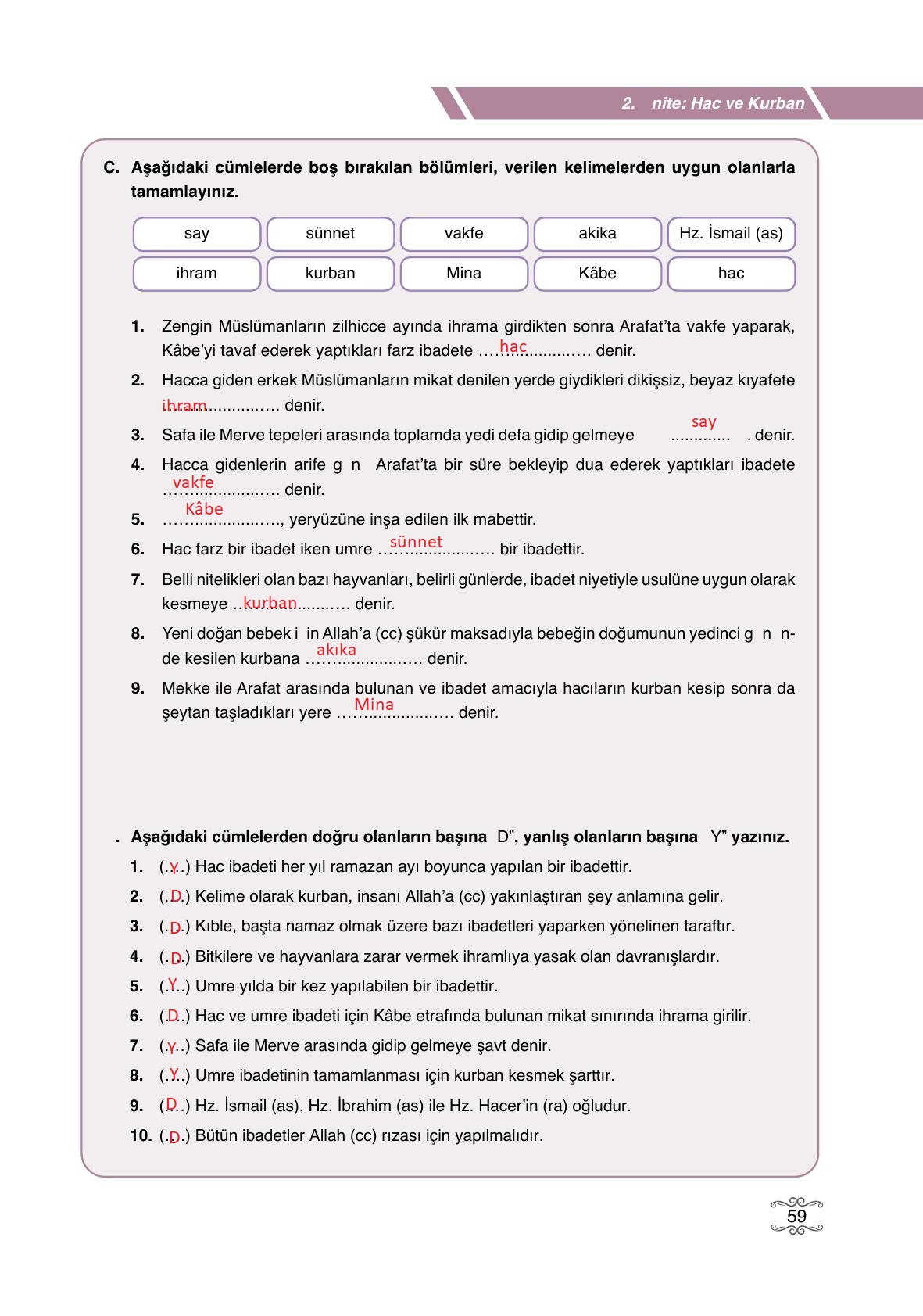 7. Sınıf Erkad Yayınları Din Kültürü Ders Kitabı Sayfa 59 Cevapları