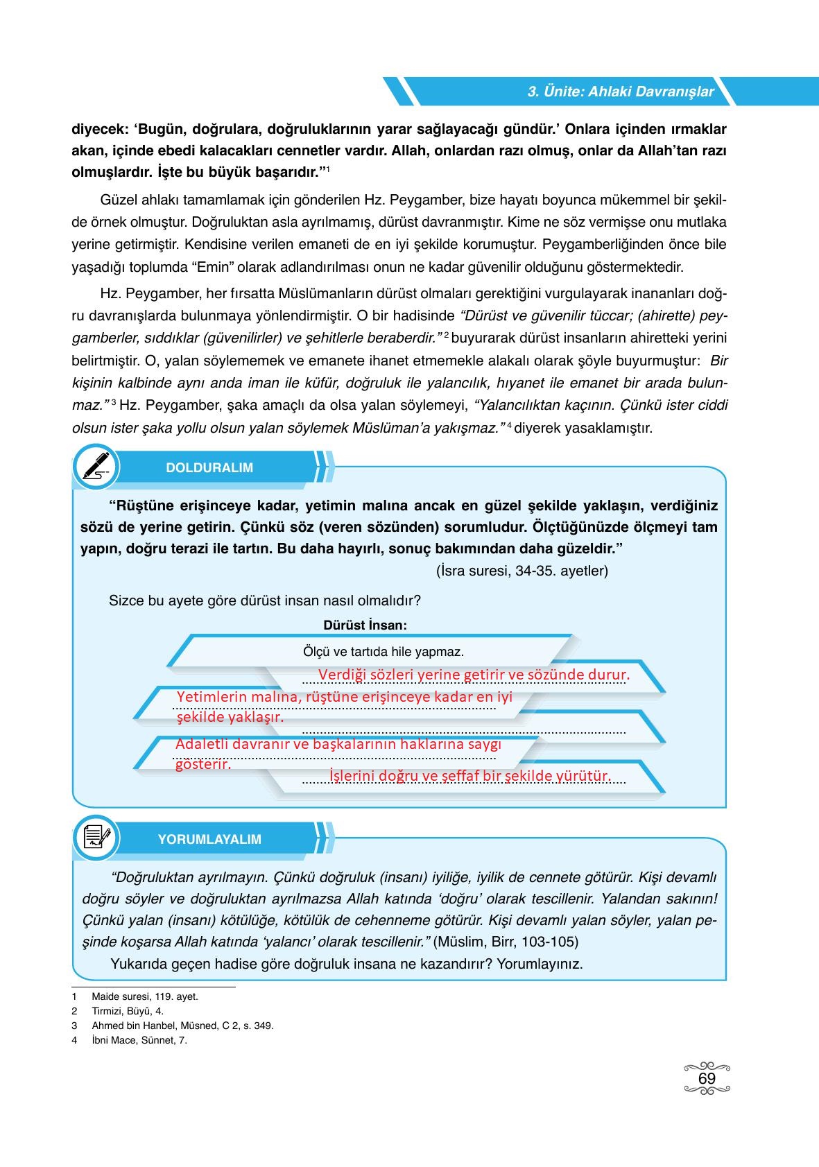 7. Sınıf Erkad Yayınları Din Kültürü Ders Kitabı Sayfa 69 Cevapları