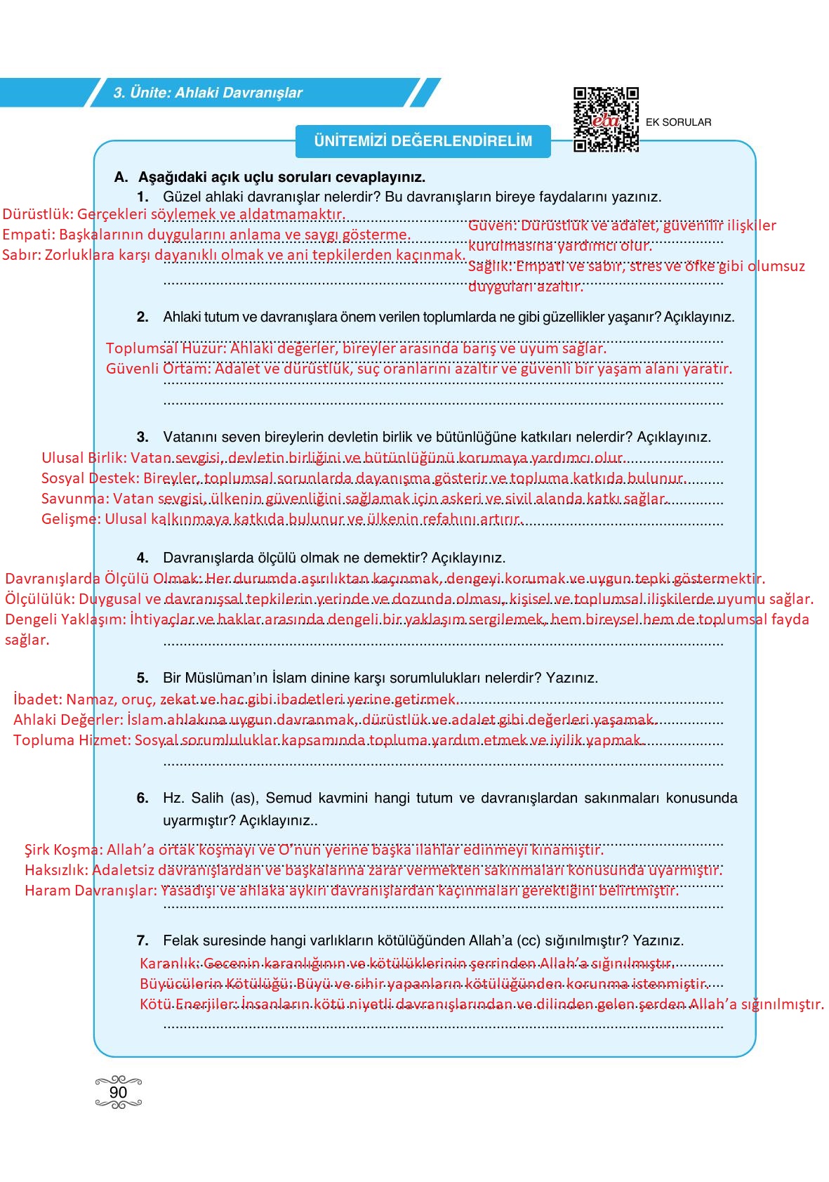 7. Sınıf Erkad Yayınları Din Kültürü Ders Kitabı Sayfa 90 Cevapları