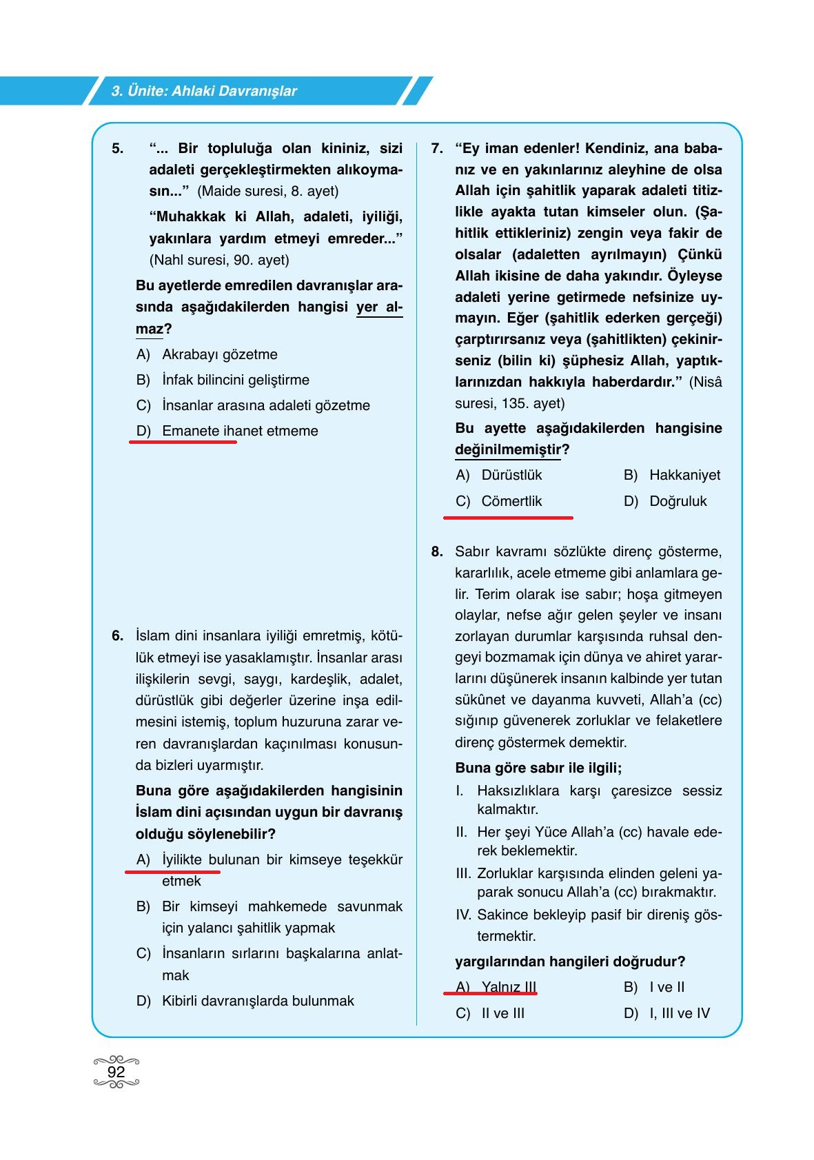 7. Sınıf Erkad Yayınları Din Kültürü Ders Kitabı Sayfa 92 Cevapları