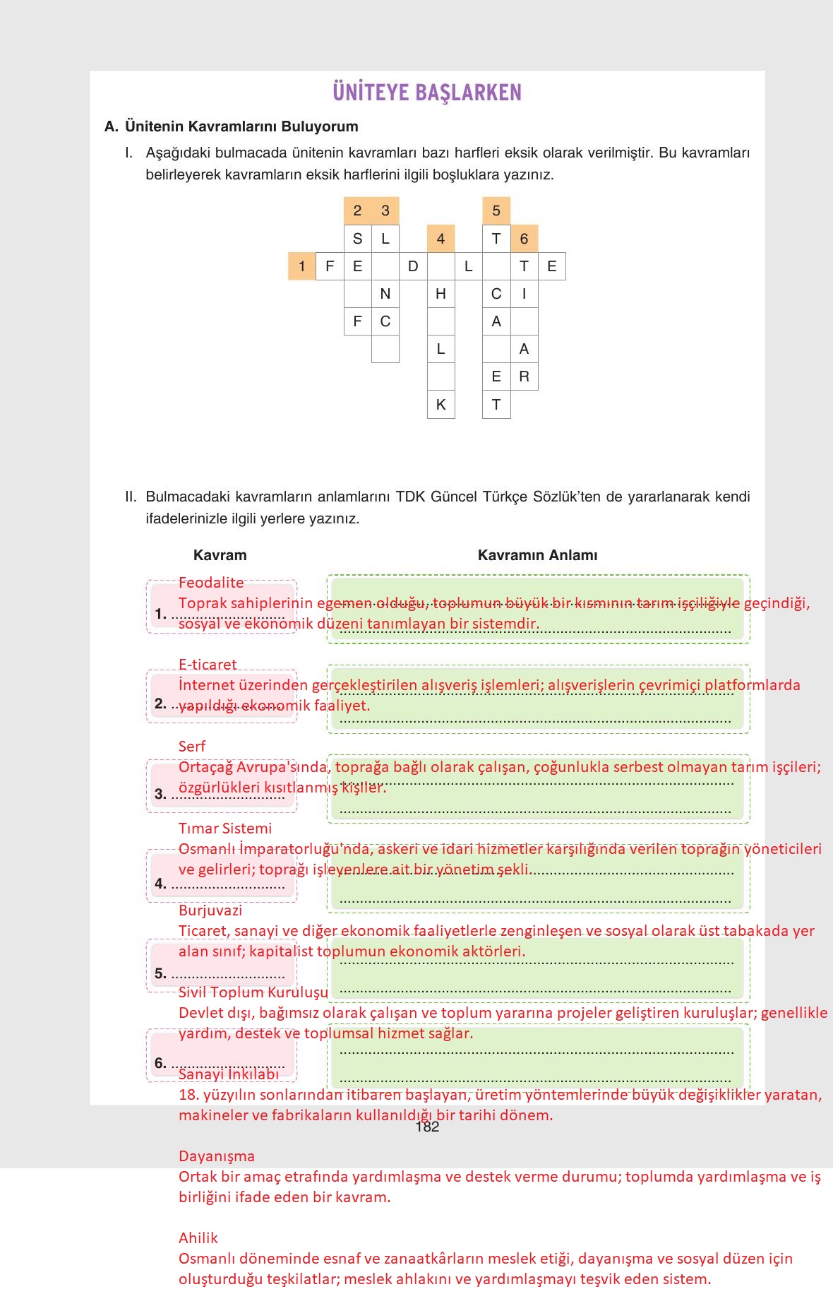 7. Sınıf Yıldırım Yayınları Sosyal Bilgiler Ders Kitabı Sayfa 182 Cevapları