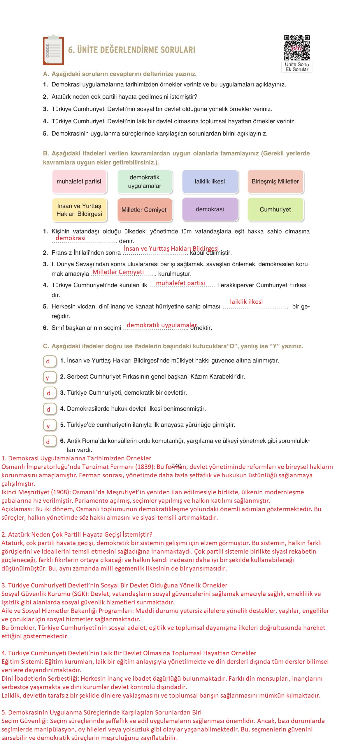 7. Sınıf Yıldırım Yayınları Sosyal Bilgiler Ders Kitabı Sayfa 240 Cevapları