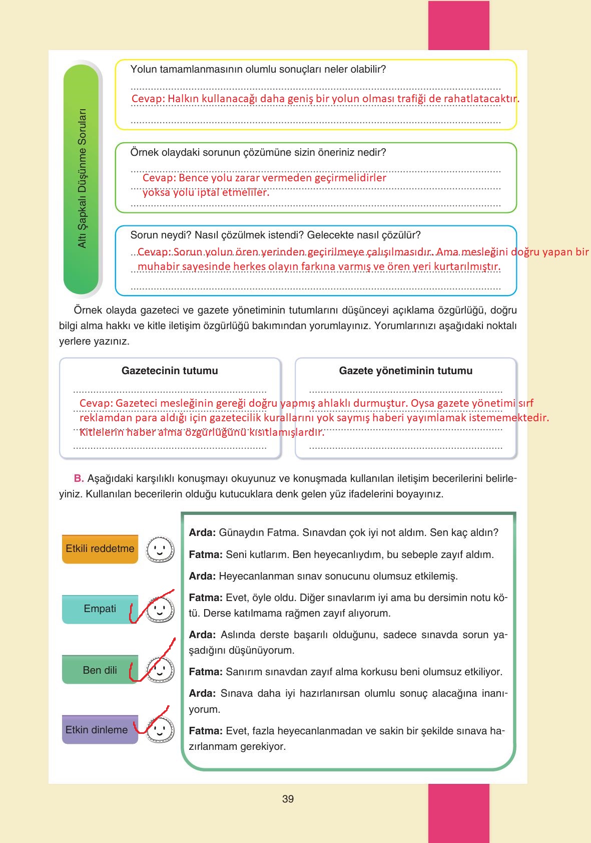 7. Sınıf Yıldırım Yayınları Sosyal Bilgiler Ders Kitabı Sayfa 39 Cevapları
