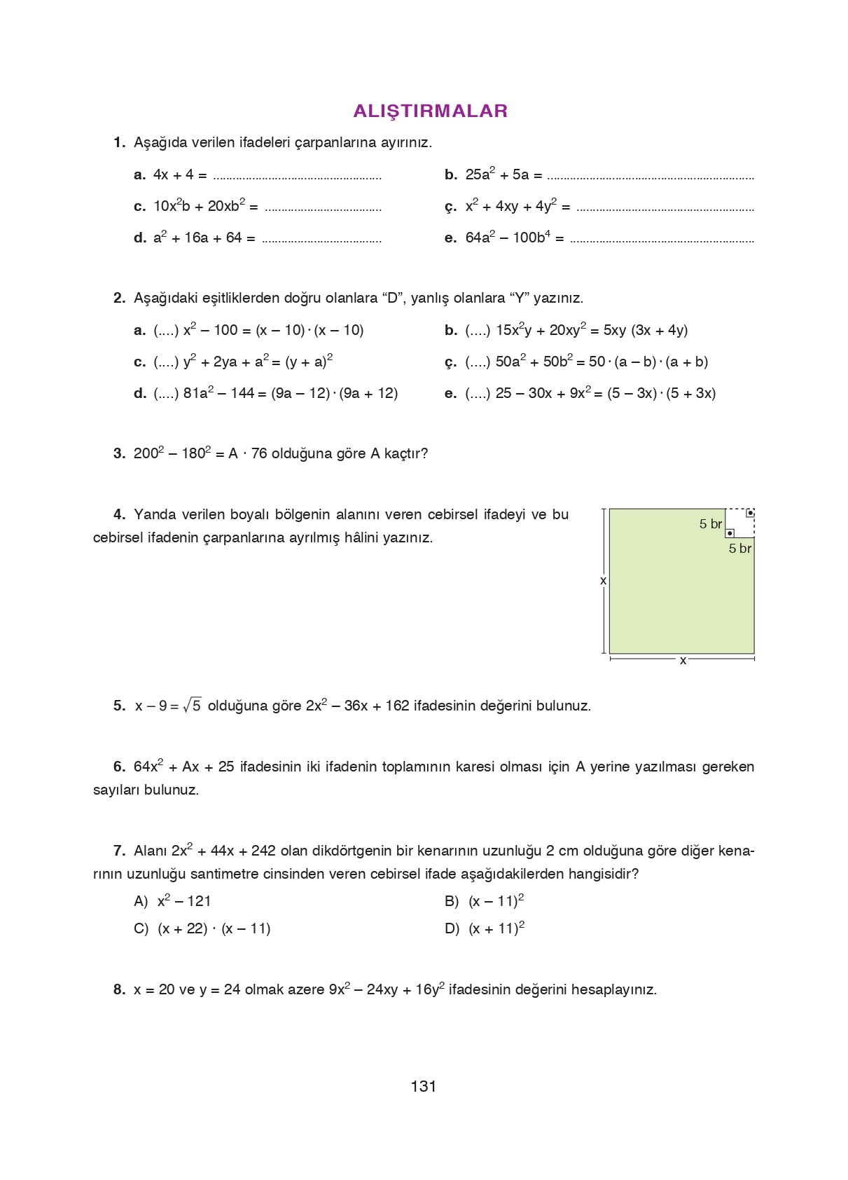 8. Sınıf Ada Matbaacılık Yayıncılık Matematik Ders Kitabı Sayfa 131 Cevapları