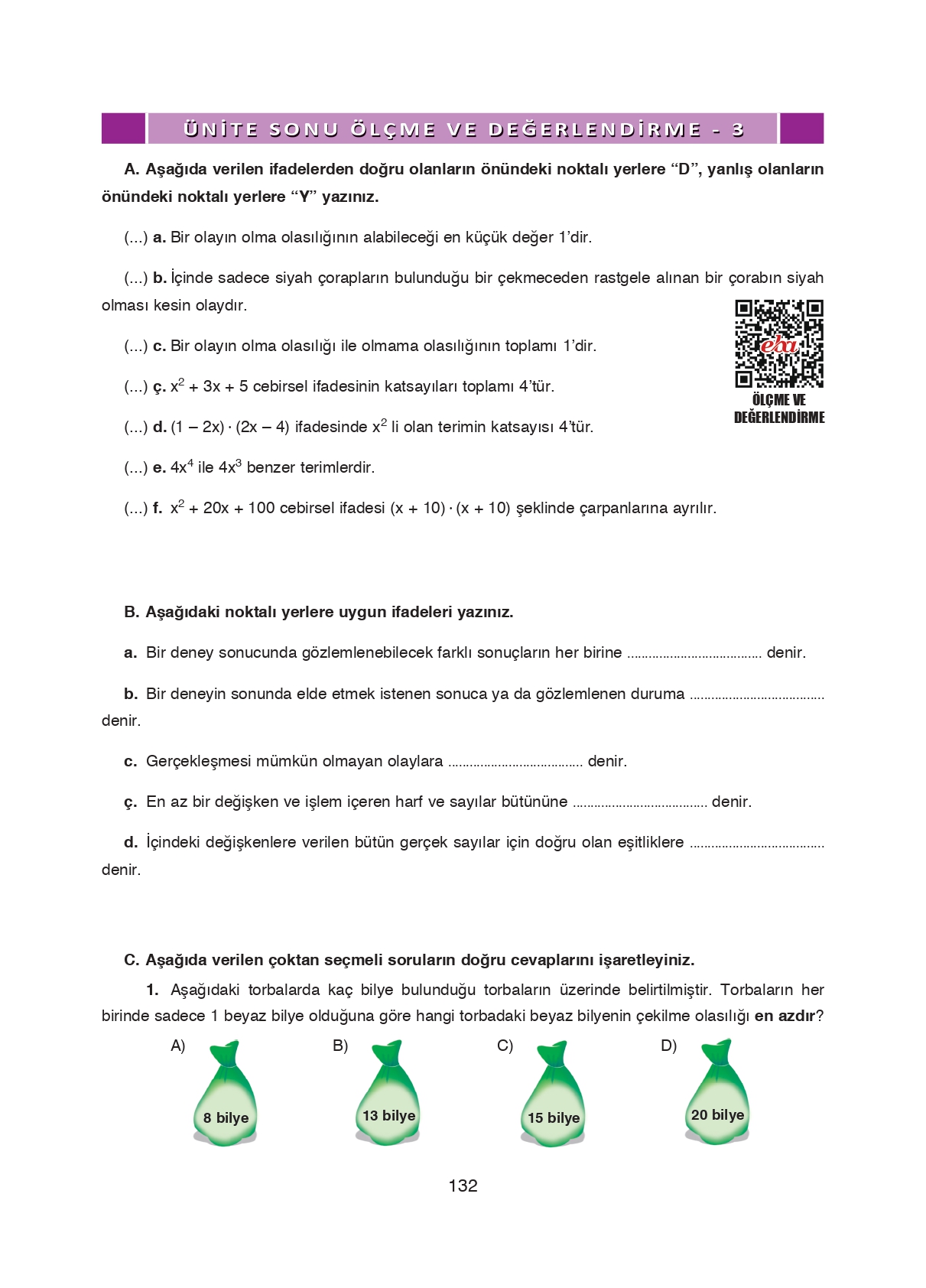 8. Sınıf Ada Matbaacılık Yayıncılık Matematik Ders Kitabı Sayfa 132 Cevapları