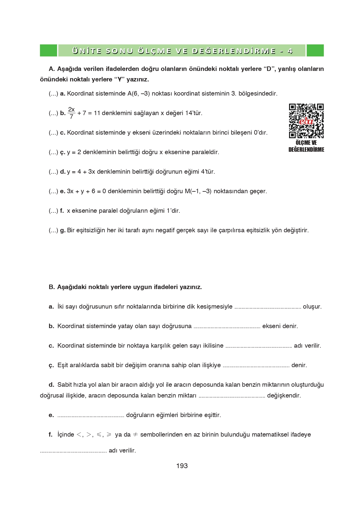 8. Sınıf Ada Matbaacılık Yayıncılık Matematik Ders Kitabı Sayfa 193 Cevapları