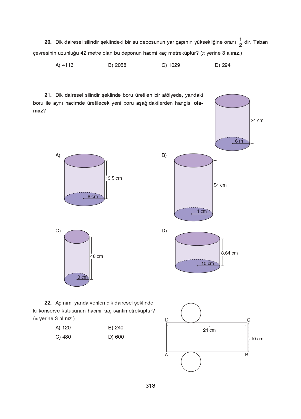 8. Sınıf Ada Matbaacılık Yayıncılık Matematik Ders Kitabı Sayfa 313 Cevapları