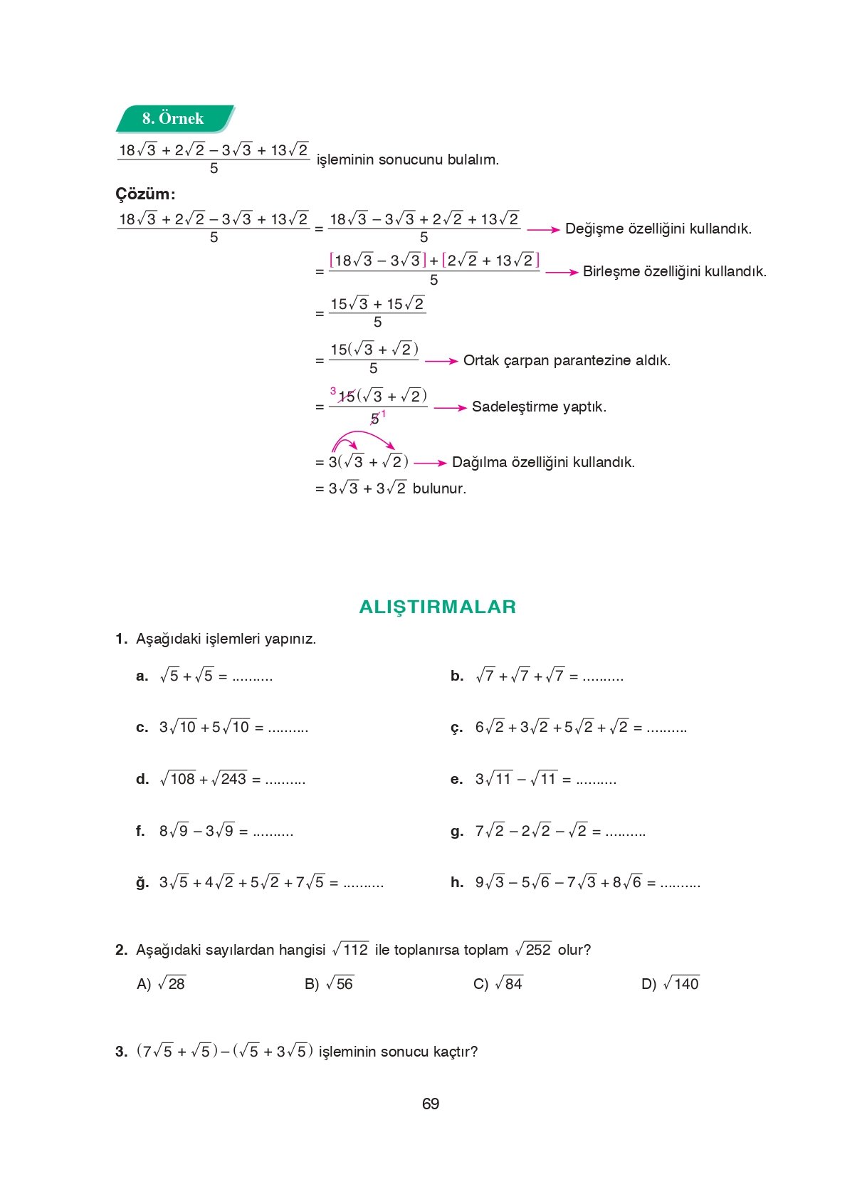 8. Sınıf Ada Matbaacılık Yayıncılık Matematik Ders Kitabı Sayfa 69 Cevapları