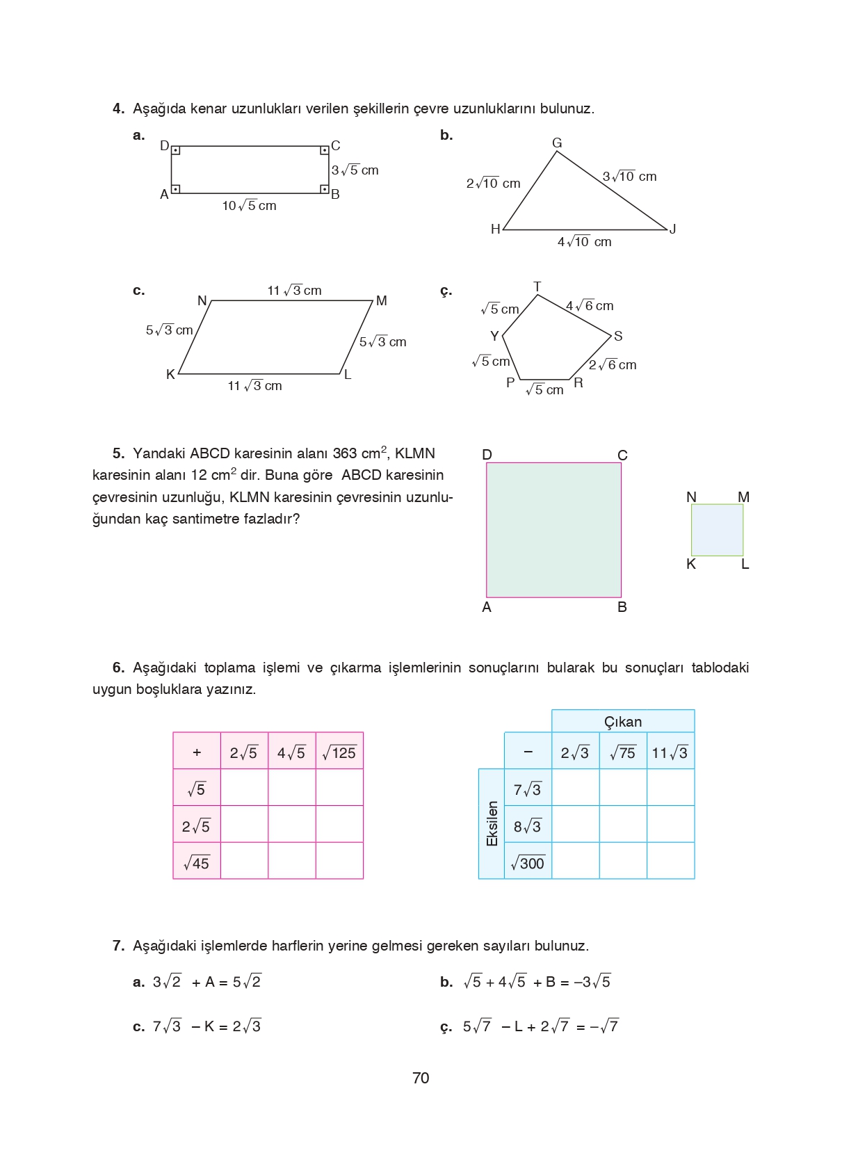 8. Sınıf Ada Matbaacılık Yayıncılık Matematik Ders Kitabı Sayfa 70 Cevapları