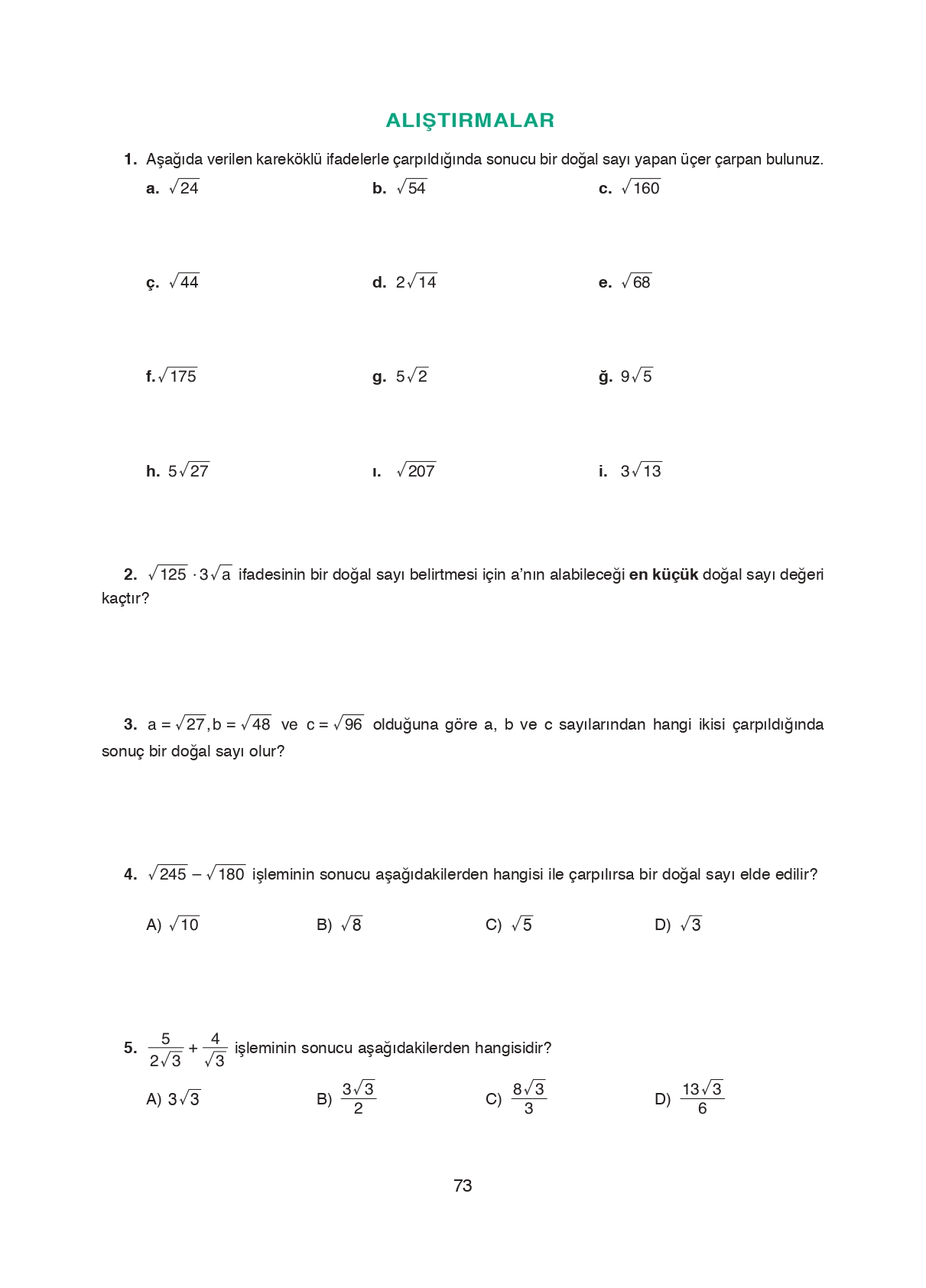 8. Sınıf Ada Matbaacılık Yayıncılık Matematik Ders Kitabı Sayfa 73 Cevapları