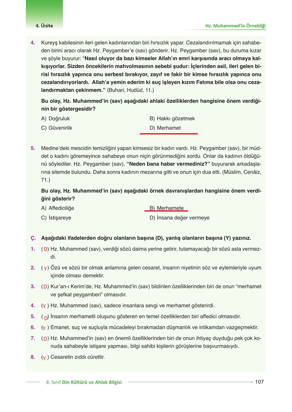 8. Sınıf Gezegen Yayınları Din Kültürü Ders Kitabı Sayfa 107 Cevapları