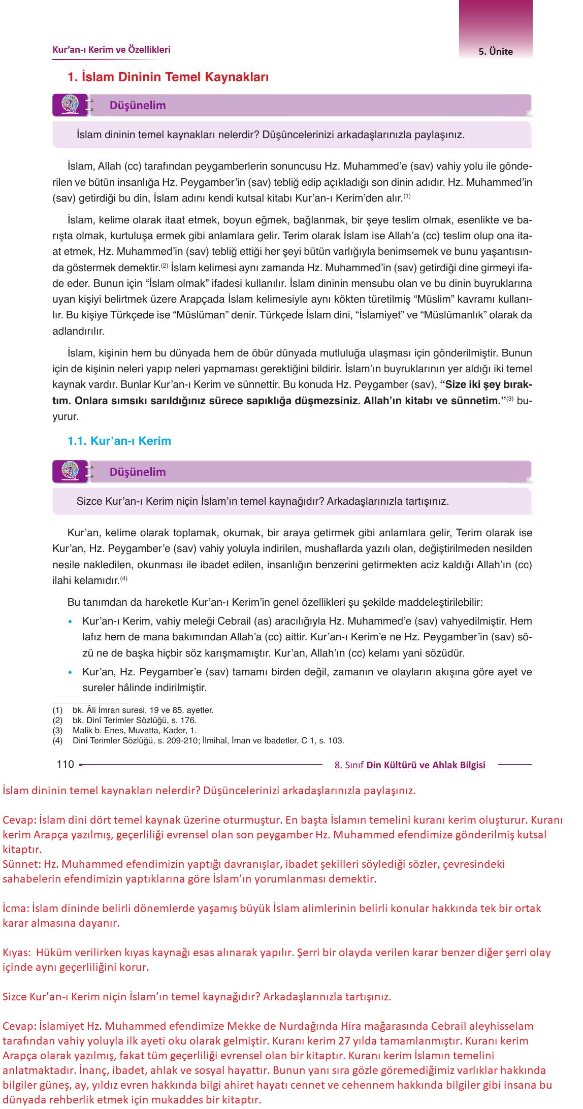 8. Sınıf Gezegen Yayınları Din Kültürü Ders Kitabı Sayfa 110 Cevapları