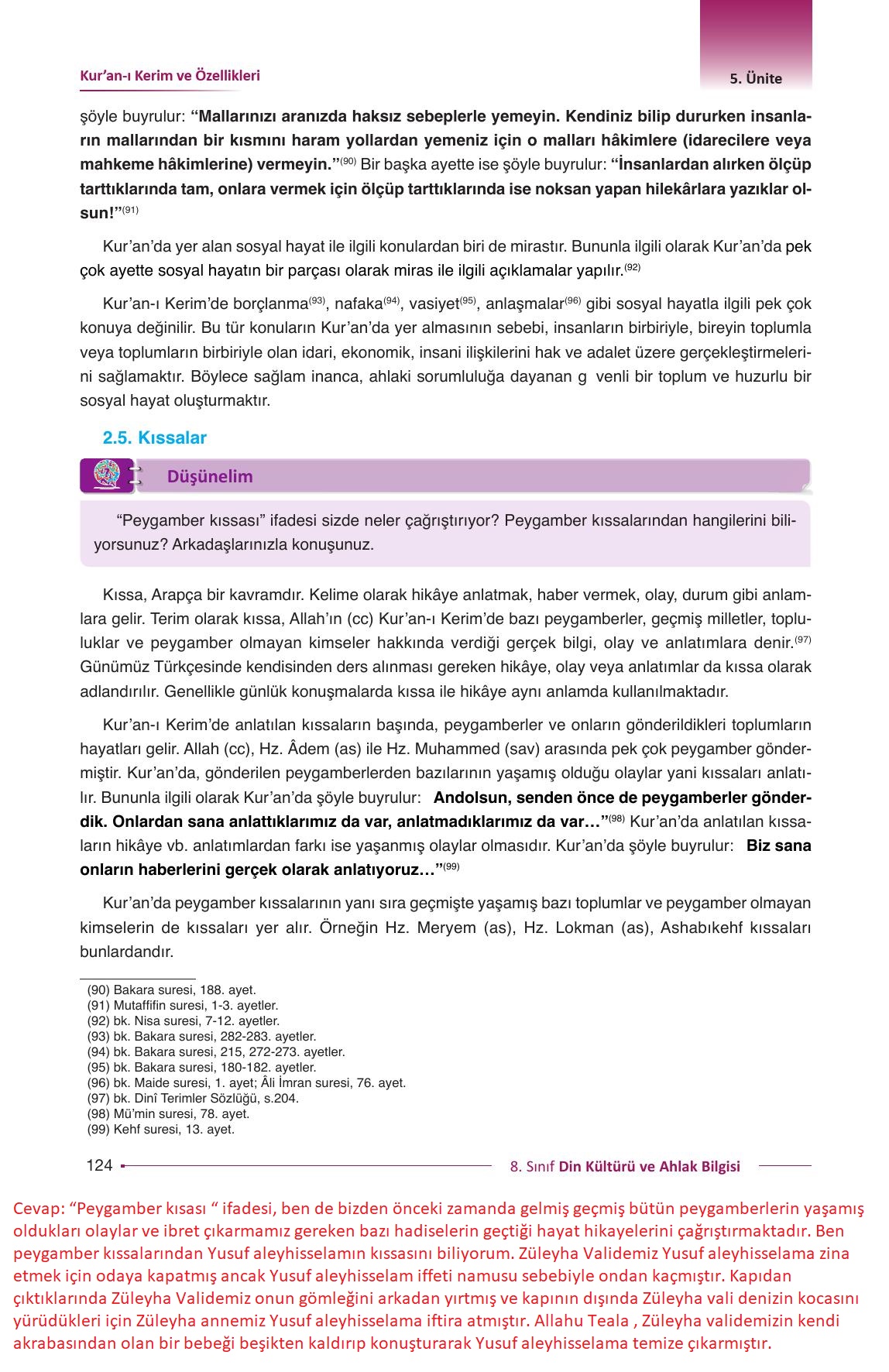 8. Sınıf Gezegen Yayınları Din Kültürü Ders Kitabı Sayfa 124 Cevapları
