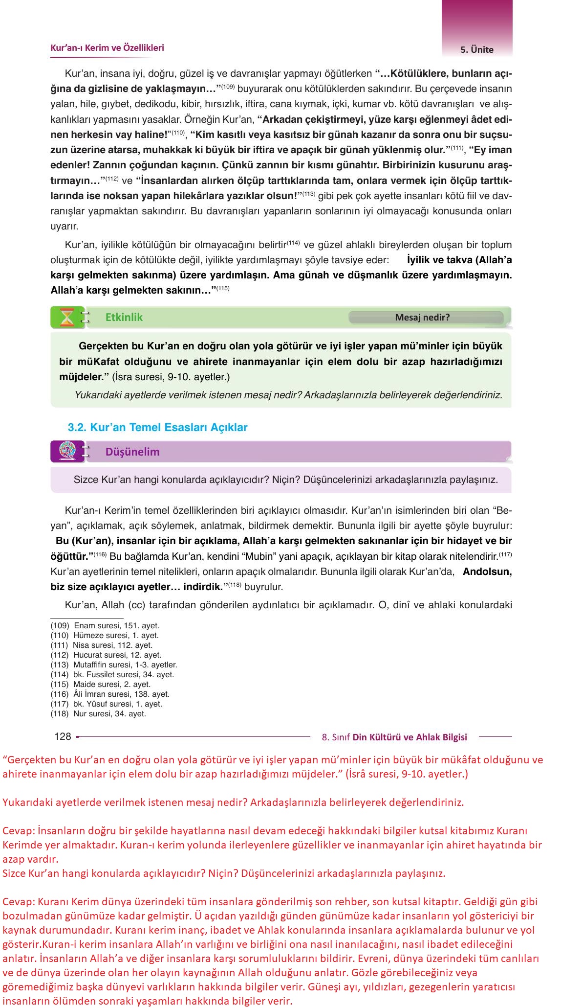 8. Sınıf Gezegen Yayınları Din Kültürü Ders Kitabı Sayfa 128 Cevapları