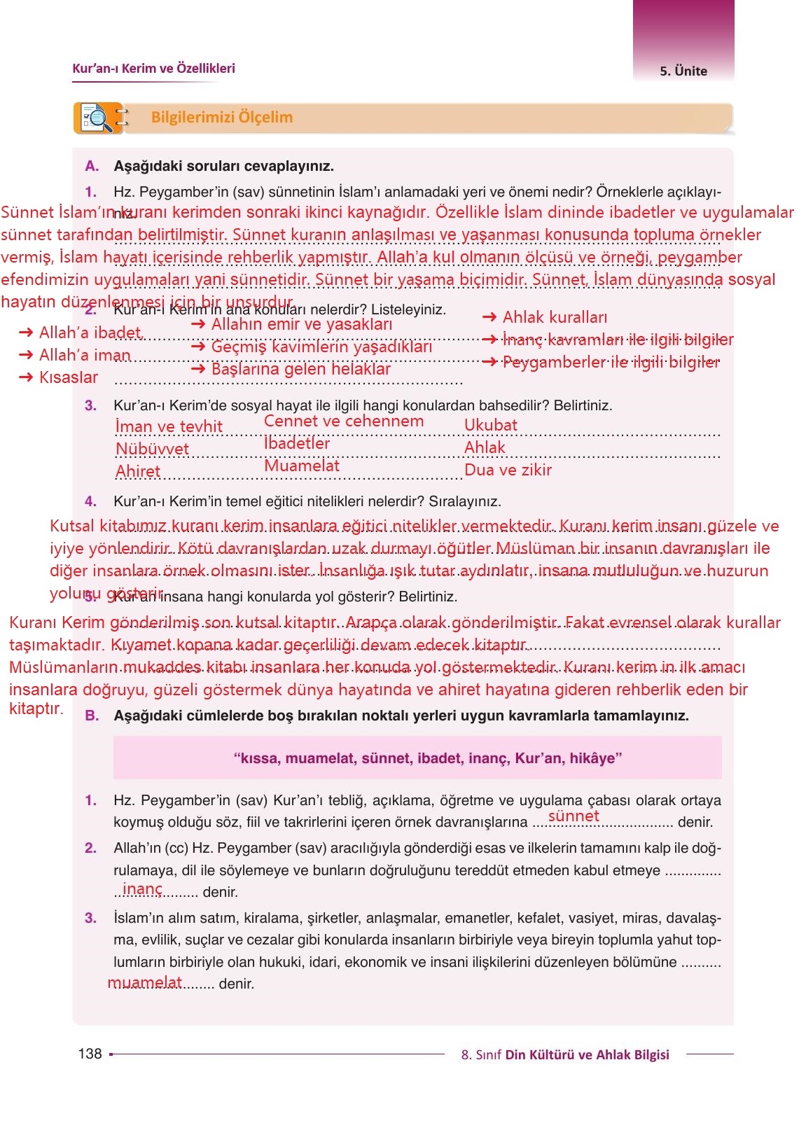 8. Sınıf Gezegen Yayınları Din Kültürü Ders Kitabı Sayfa 138 Cevapları