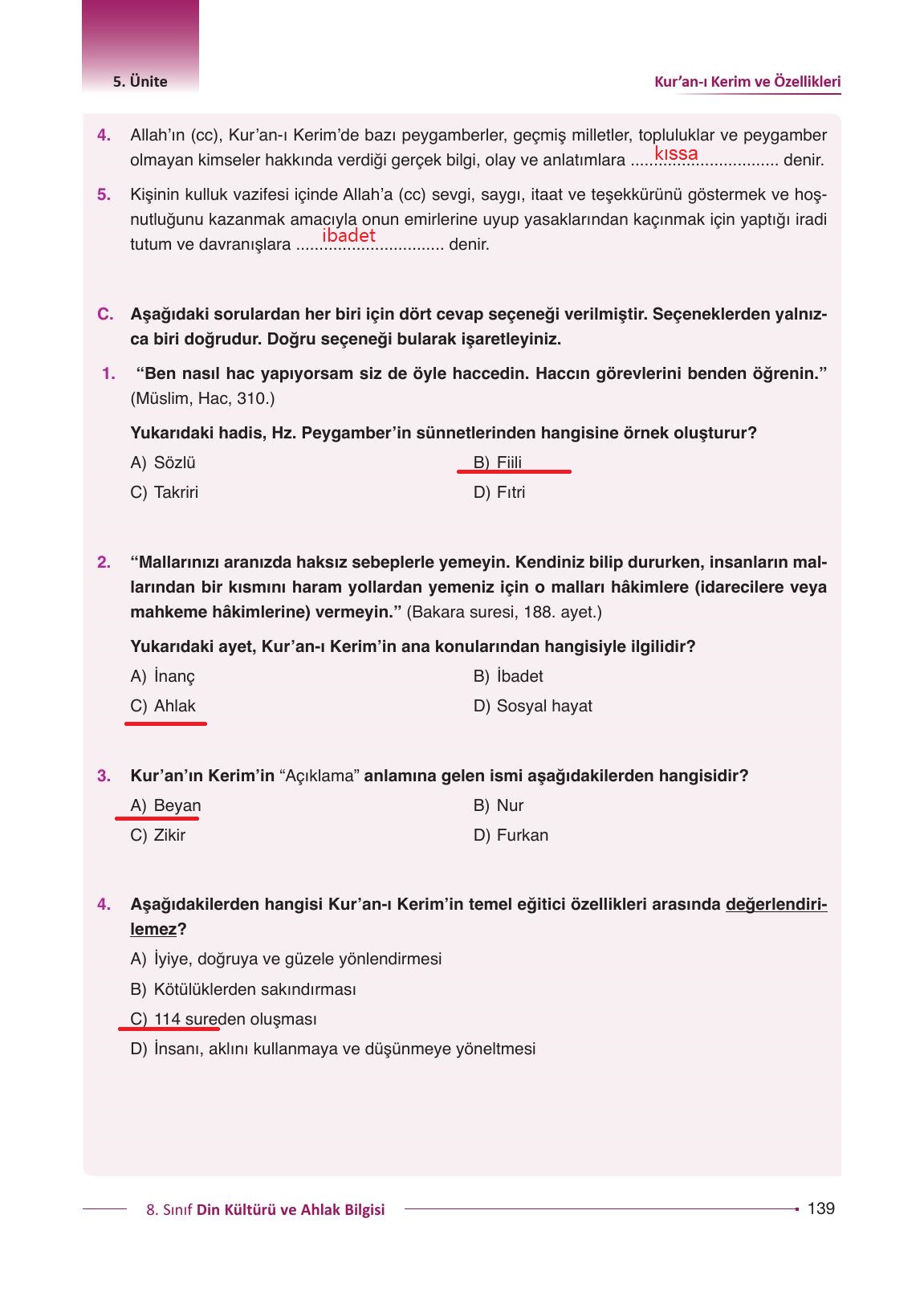 8. Sınıf Gezegen Yayınları Din Kültürü Ders Kitabı Sayfa 139 Cevapları