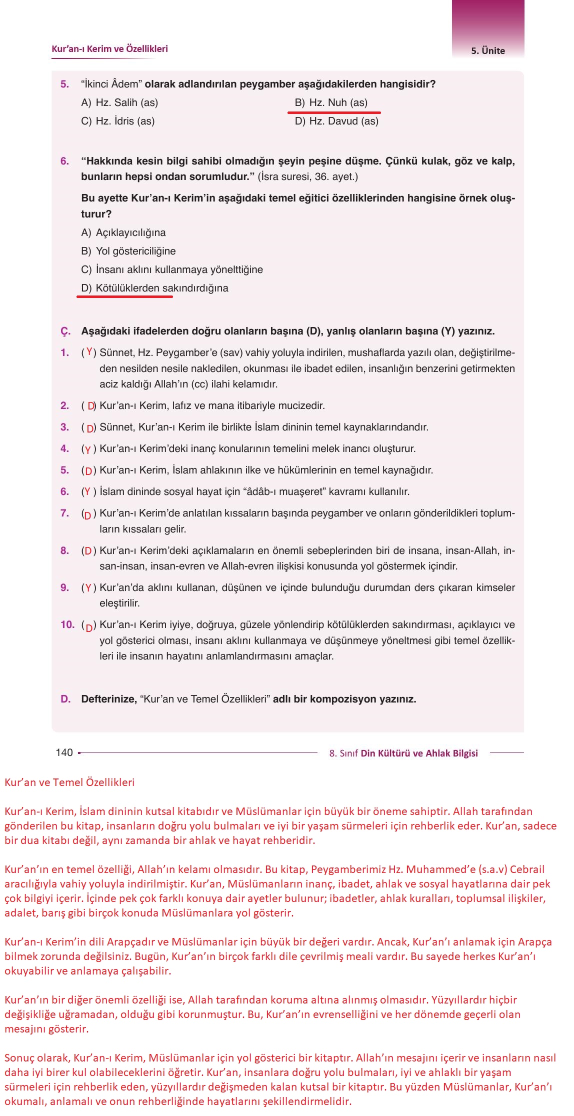 8. Sınıf Gezegen Yayınları Din Kültürü Ders Kitabı Sayfa 140 Cevapları