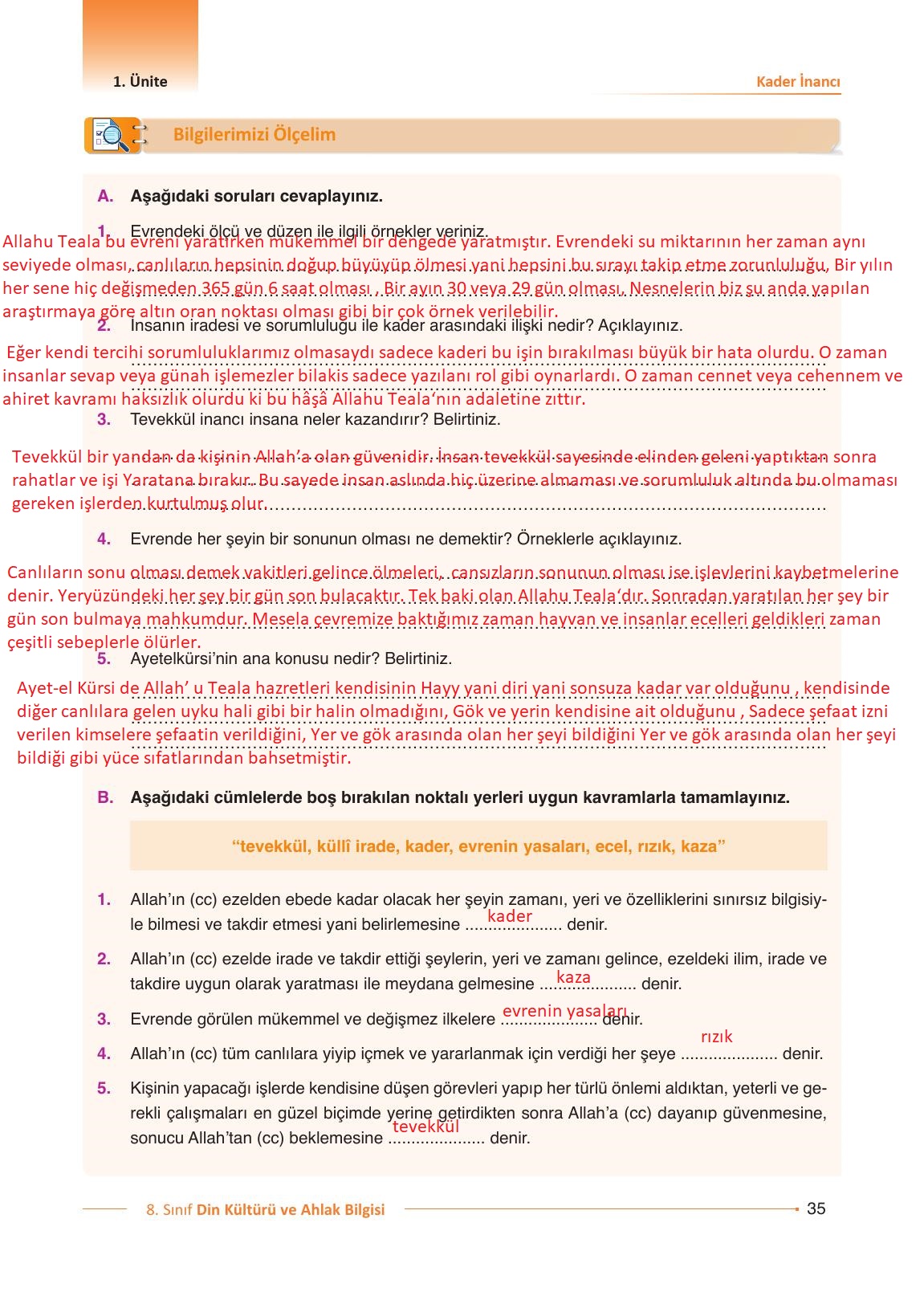 8. Sınıf Gezegen Yayınları Din Kültürü Ders Kitabı Sayfa 35 Cevapları