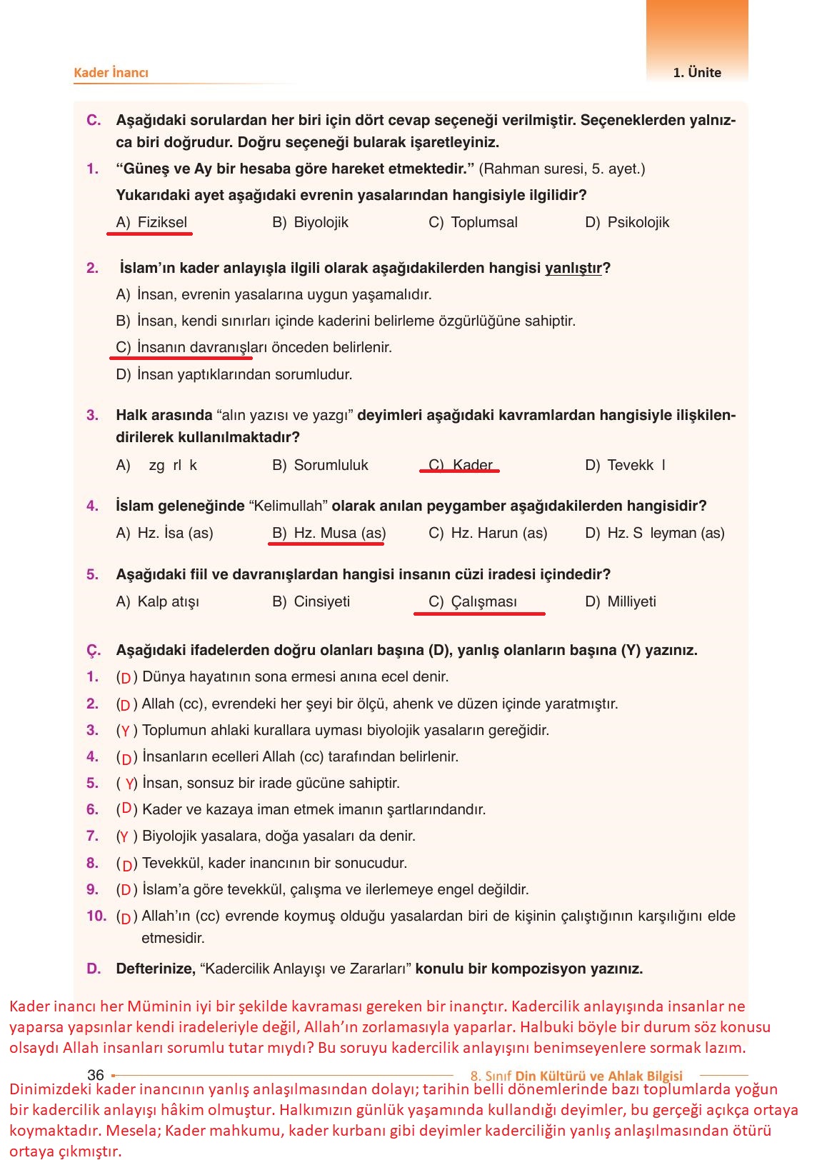 8. Sınıf Gezegen Yayınları Din Kültürü Ders Kitabı Sayfa 36 Cevapları