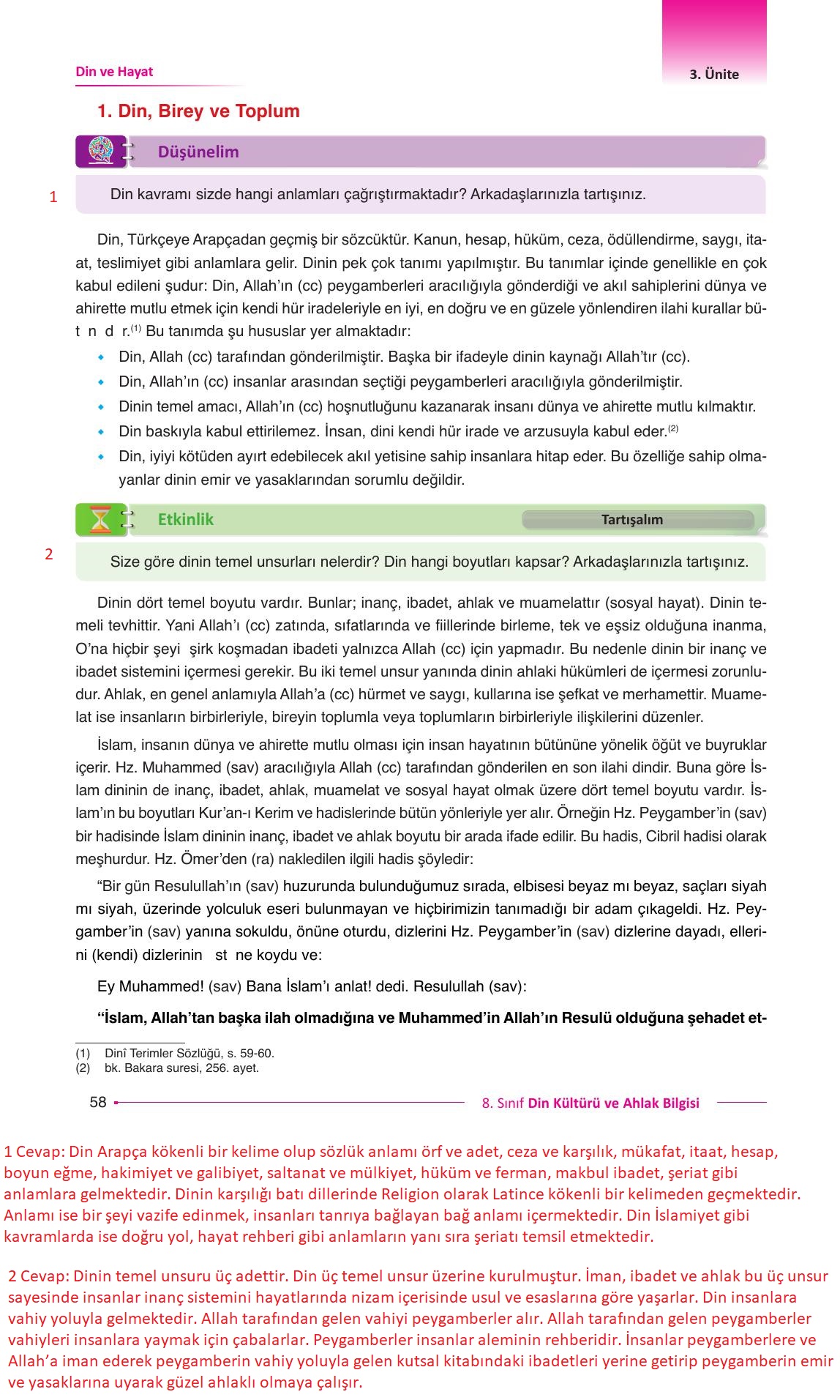8. Sınıf Gezegen Yayınları Din Kültürü Ders Kitabı Sayfa 58 Cevapları