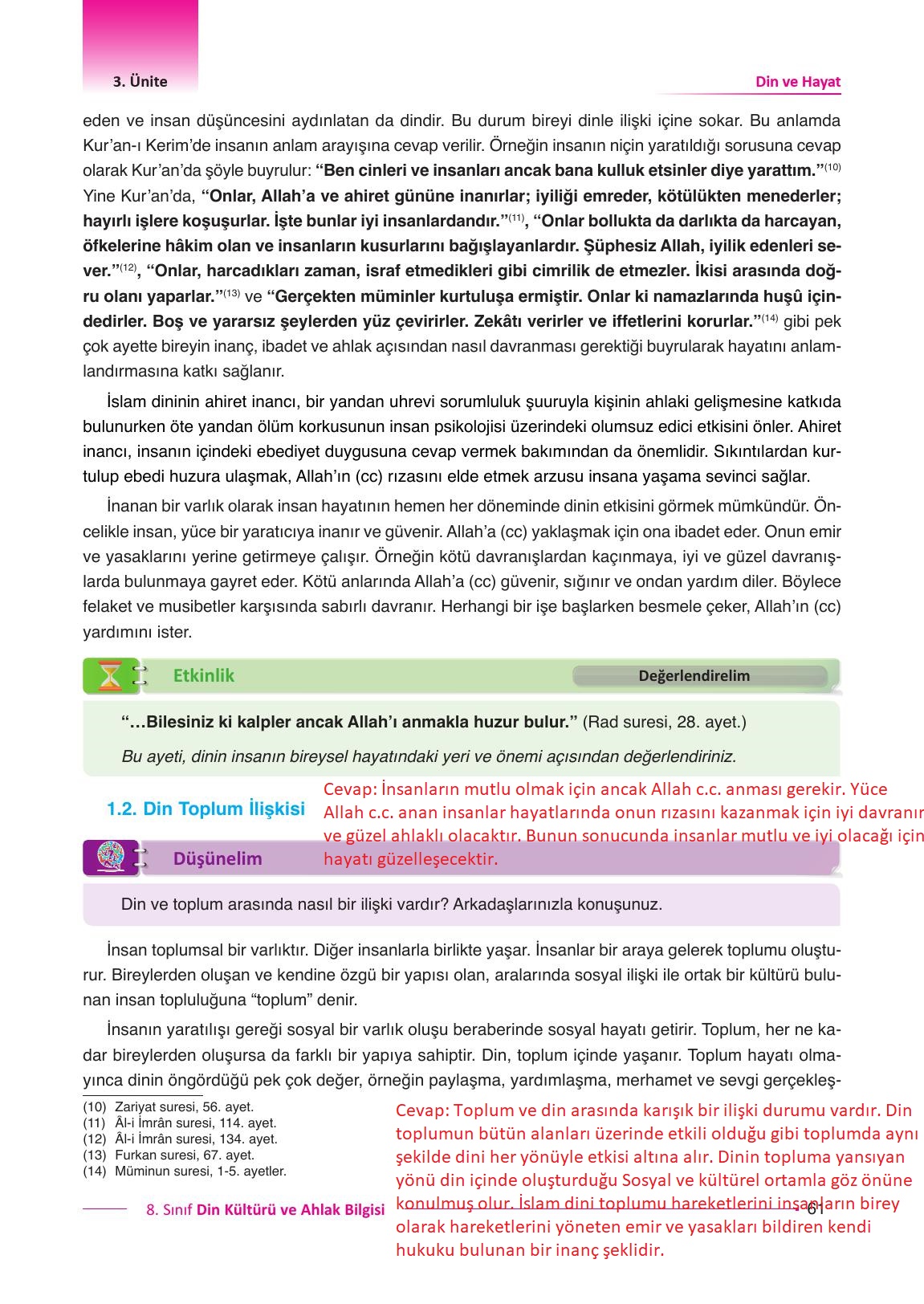8. Sınıf Gezegen Yayınları Din Kültürü Ders Kitabı Sayfa 61 Cevapları