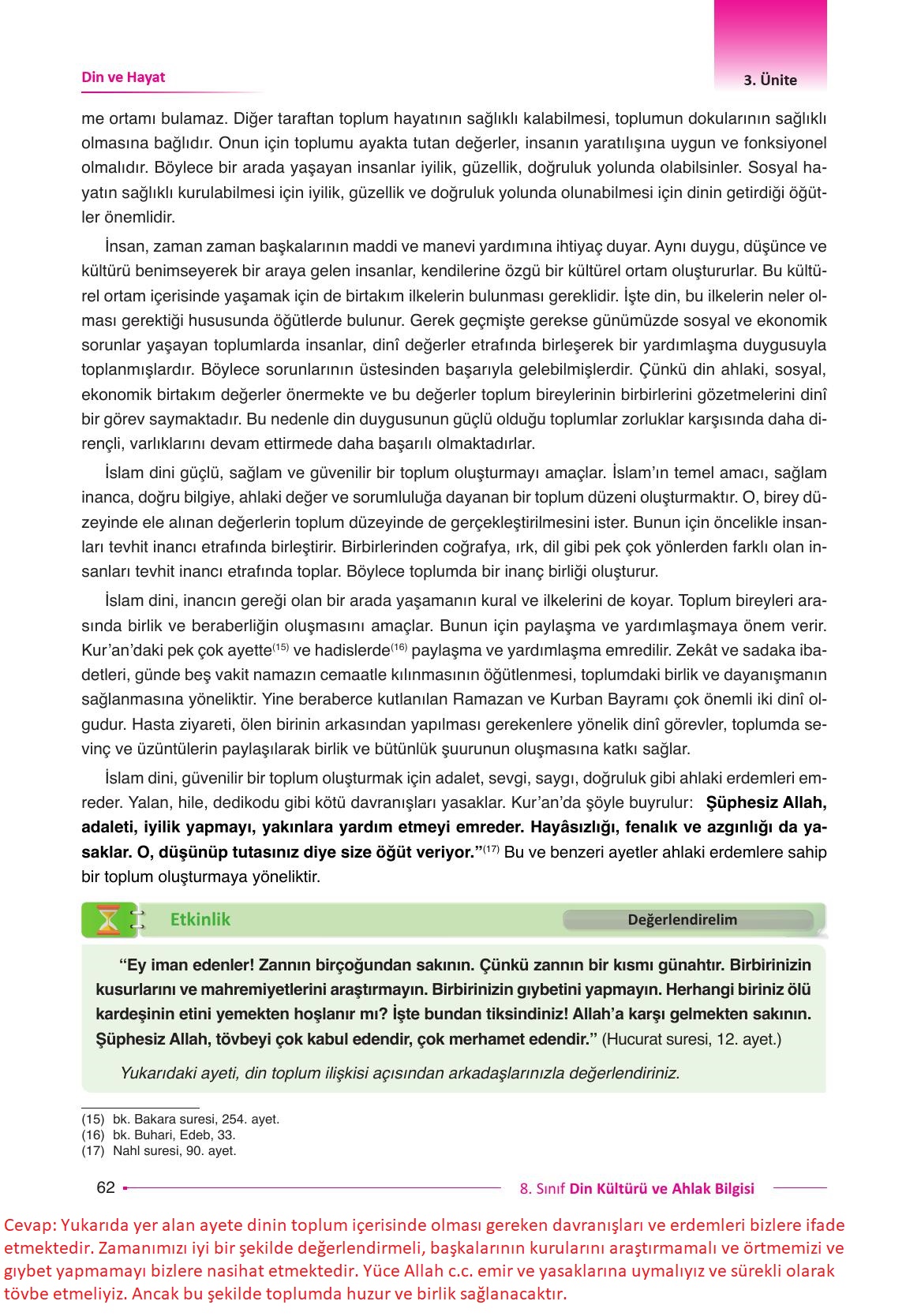 8. Sınıf Gezegen Yayınları Din Kültürü Ders Kitabı Sayfa 62 Cevapları