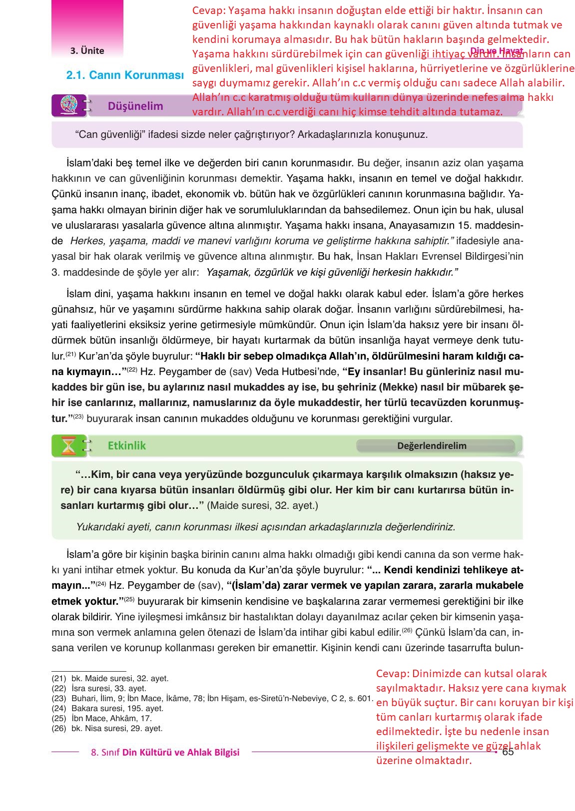 8. Sınıf Gezegen Yayınları Din Kültürü Ders Kitabı Sayfa 65 Cevapları