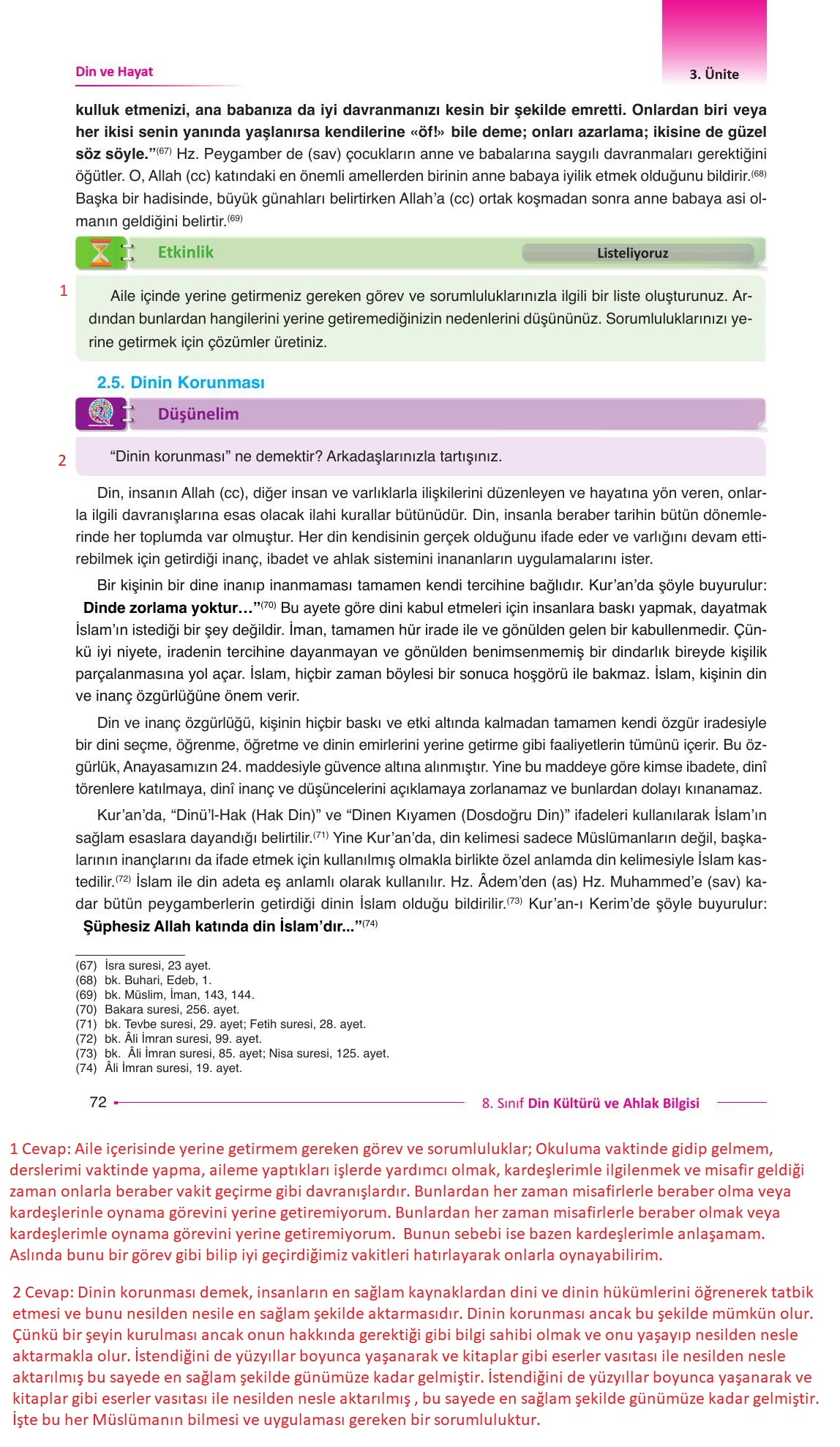 8. Sınıf Gezegen Yayınları Din Kültürü Ders Kitabı Sayfa 72 Cevapları