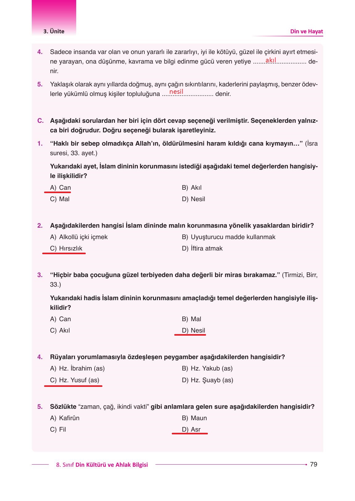 8. Sınıf Gezegen Yayınları Din Kültürü Ders Kitabı Sayfa 79 Cevapları