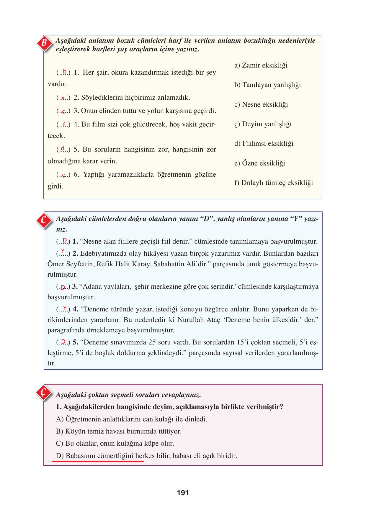 8. Sınıf Hecce Yayıncılık Türkçe Ders Kitabı Sayfa 191 Cevapları